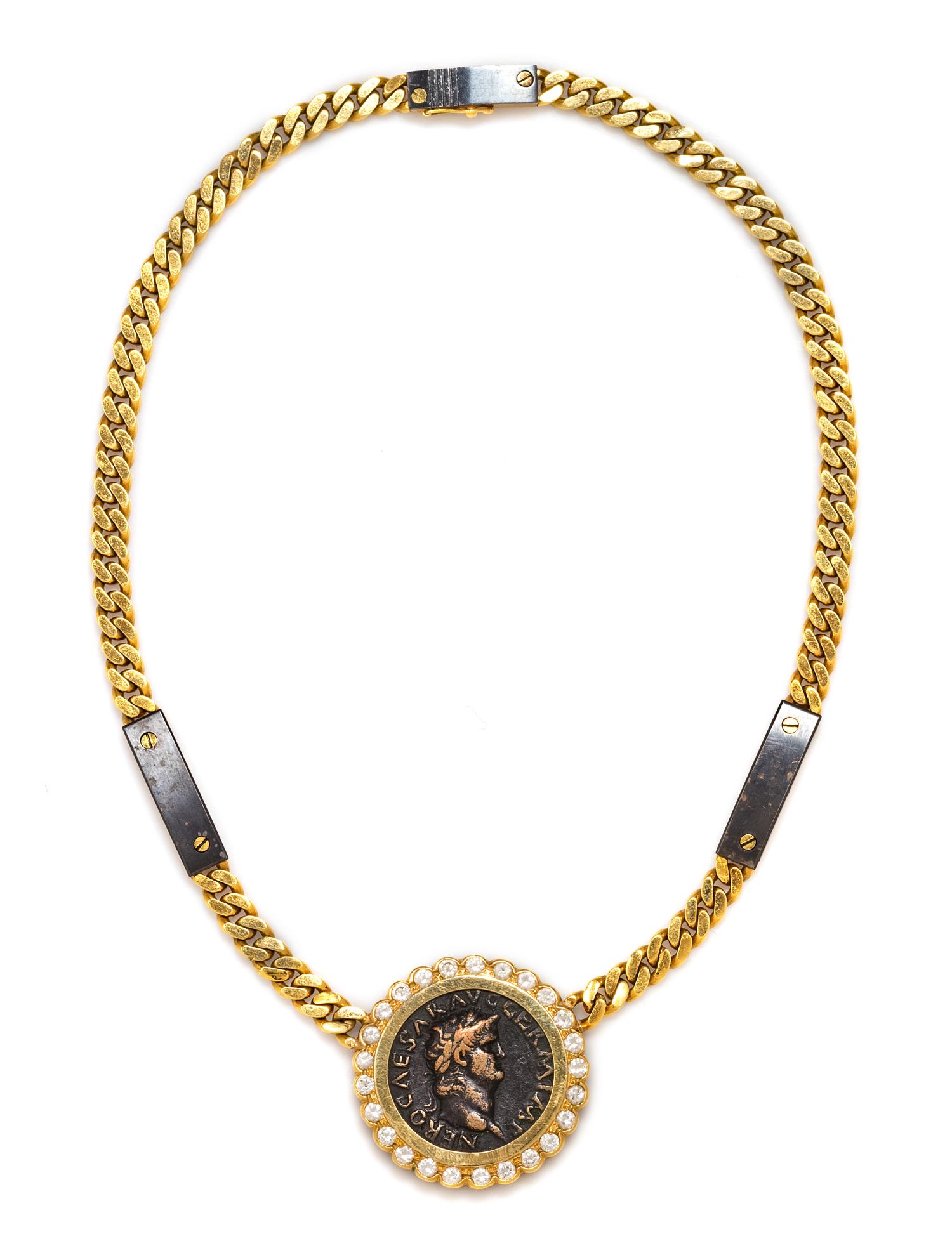 An 18 Karat Gold, Roman Coin, Diamond and Steel Necklace, 47.05 dwts.