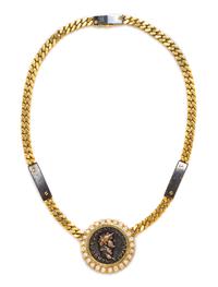 An 18 Karat Gold, Roman Coin, Diamond and Steel Necklace, 47.05 dwts.