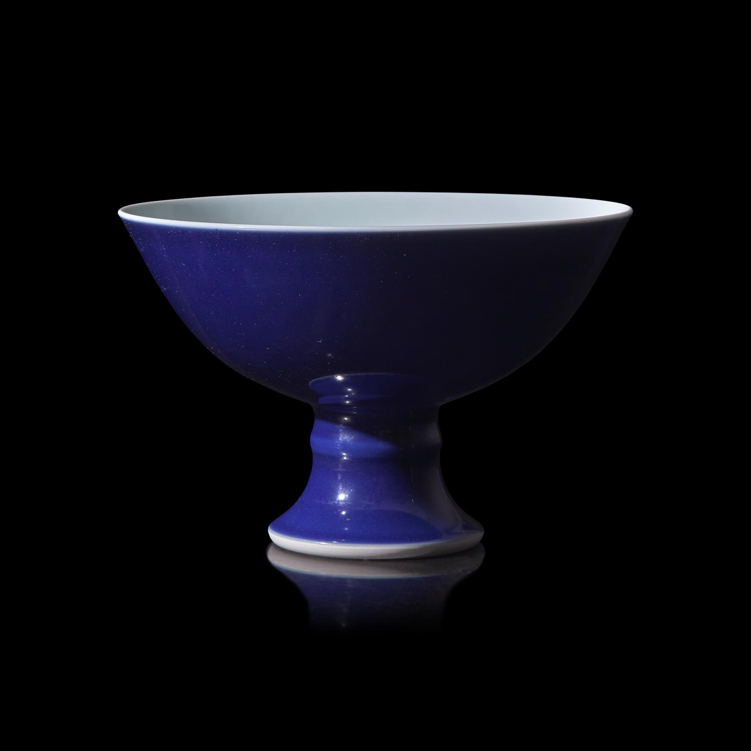 A Chinese Blue Ground Porcelain Stem Bowl, Yongzheng Mark 雍正款 霽藍釉高足碗