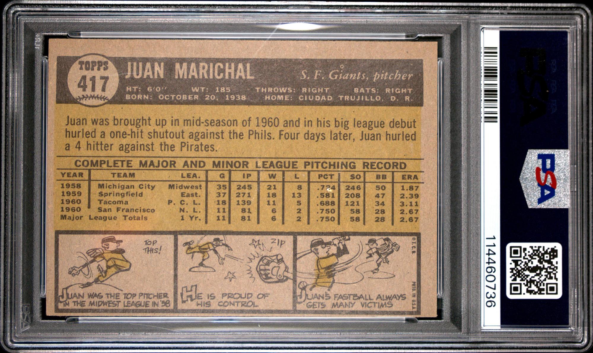 A 1961 Topps Juan Marichal Rookie Baseball Card No. 417 (PSA 7 NM OC)