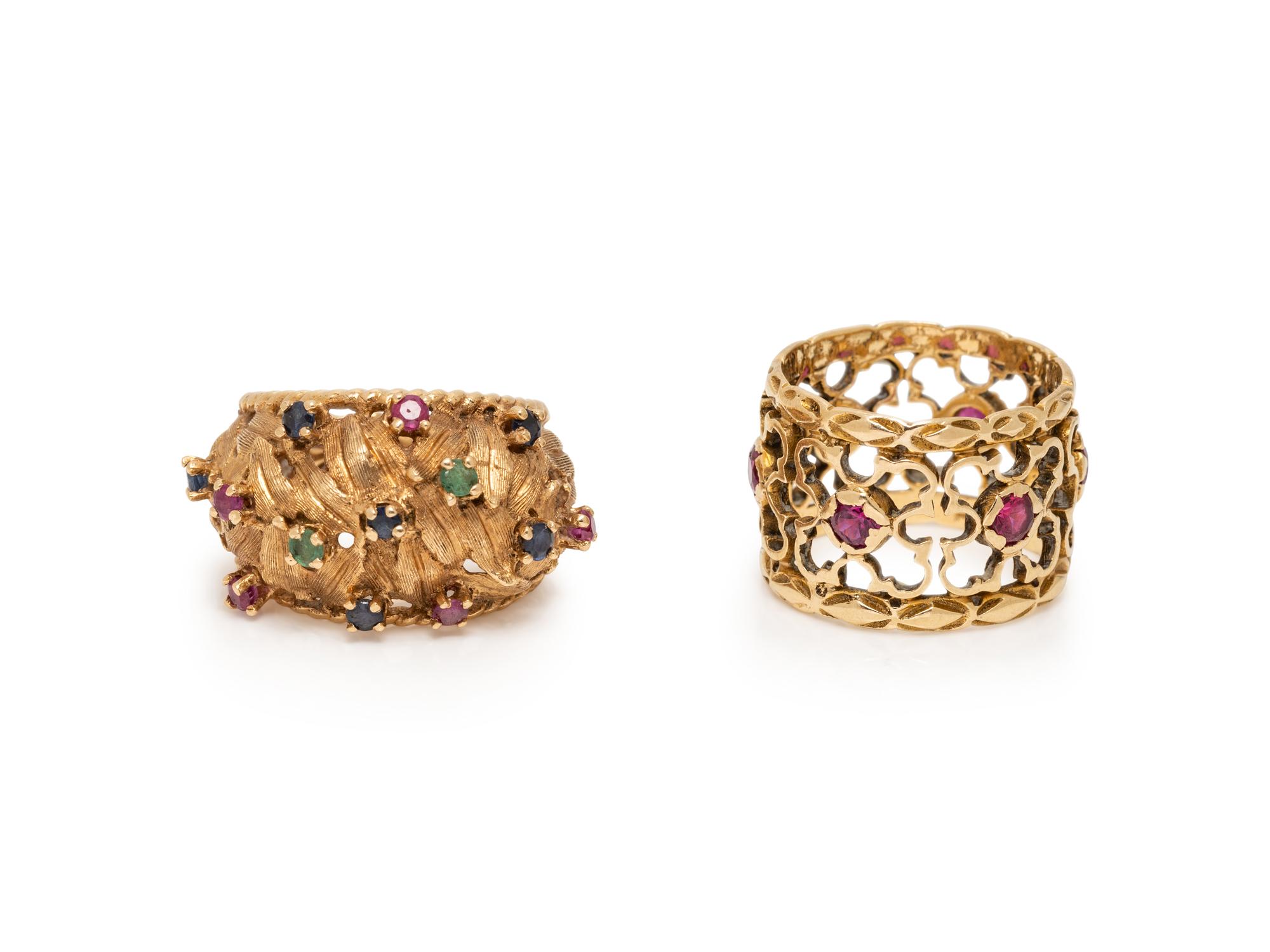 PAIR OF YELLOW GOLD AND MULTIGEM RINGS