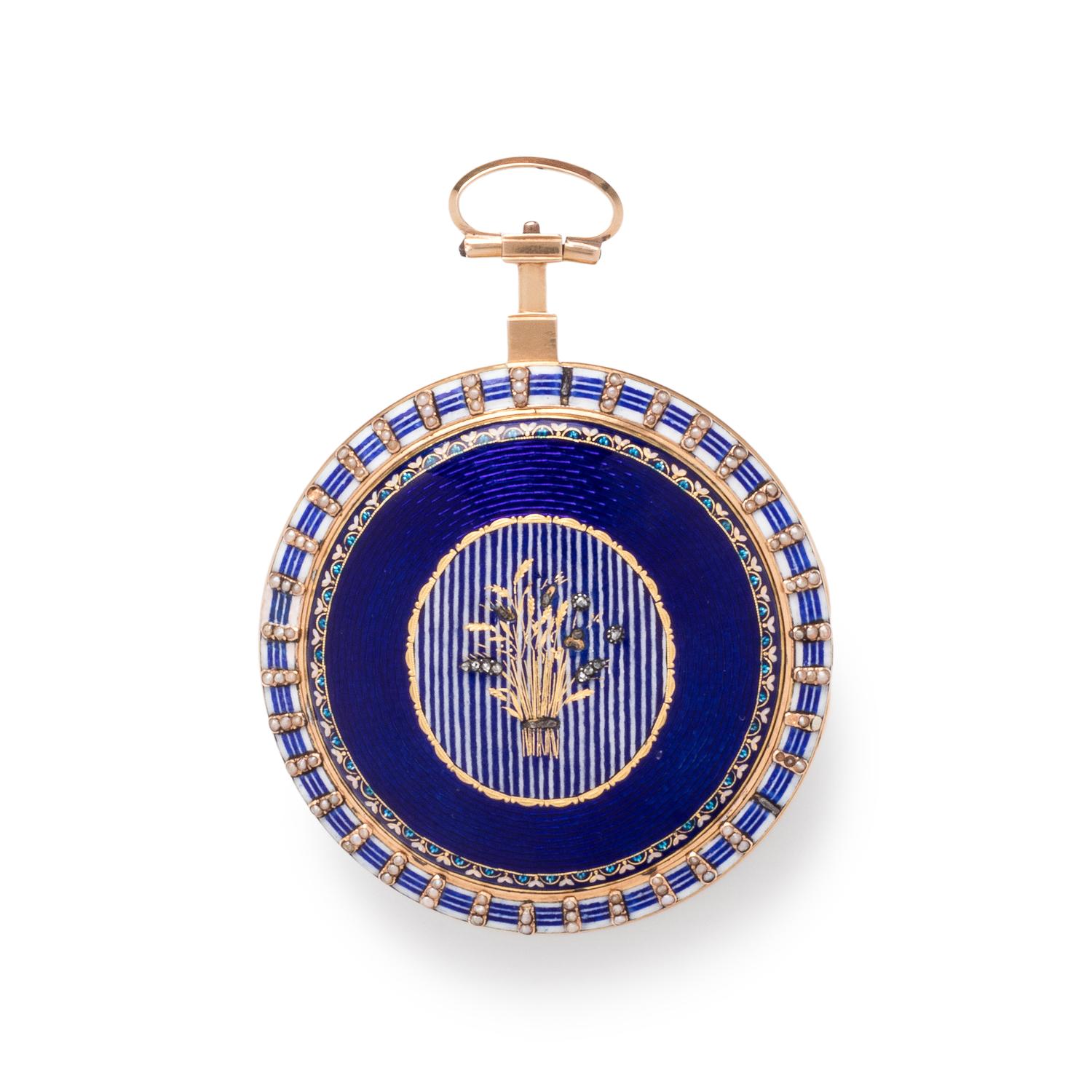 GUEX, ENAMEL AND SEED PEARL OPEN FACE POCKET WATCH