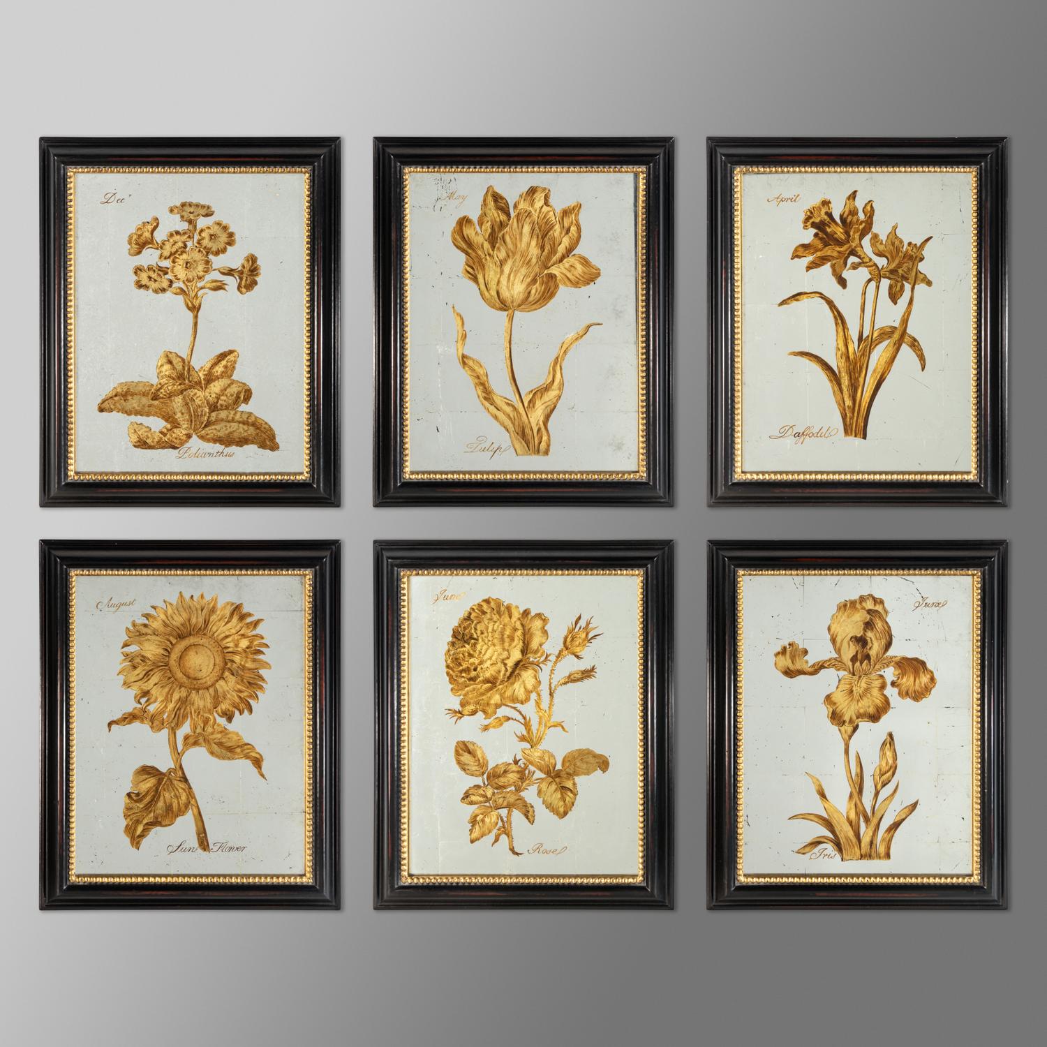 Set of Six Verre églomisé Botanical Mirrors