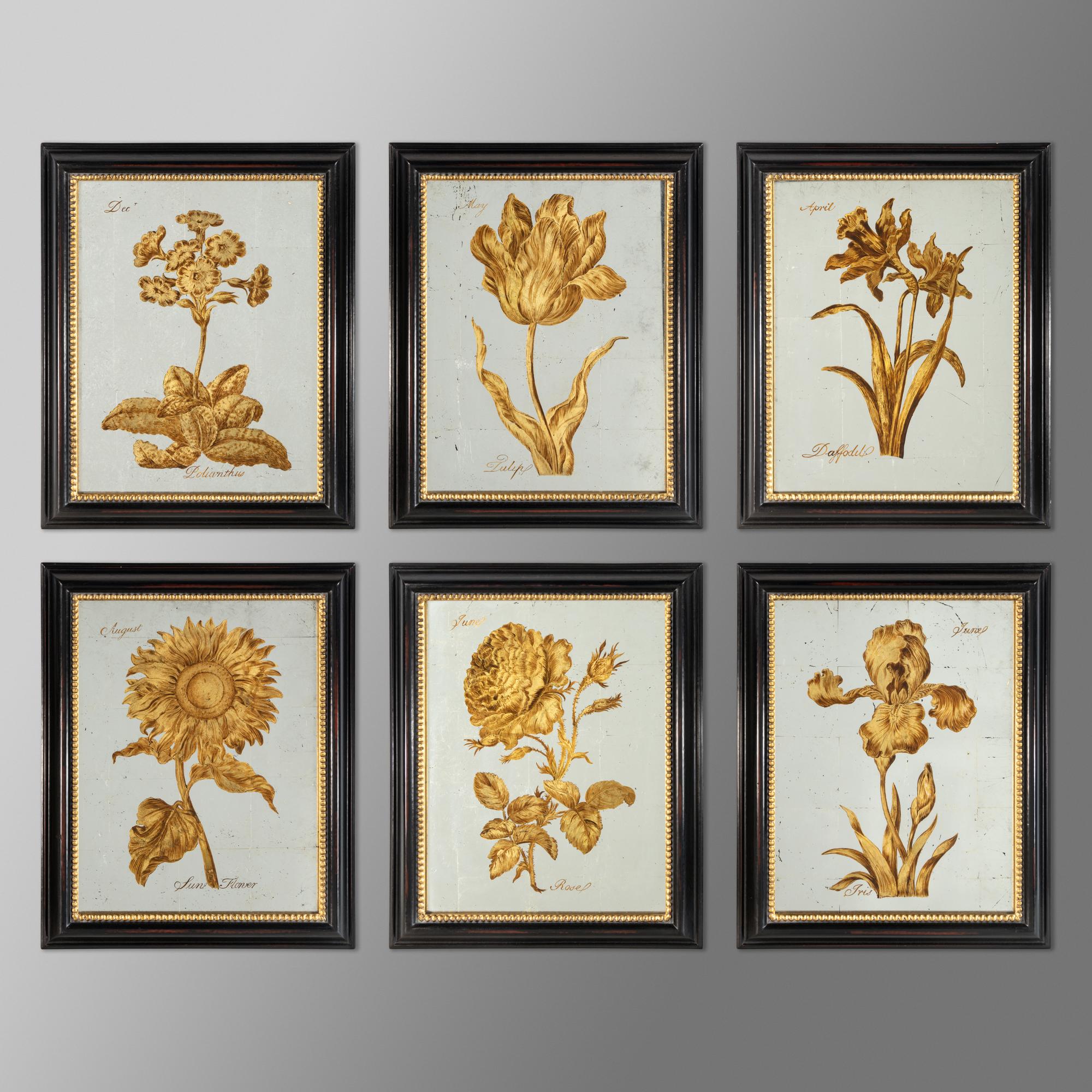 Set of Six Verre églomisé Botanical Mirrors