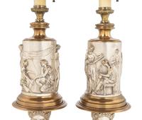 A Pair of Continental Gilt and Silvered Bronze Lamps