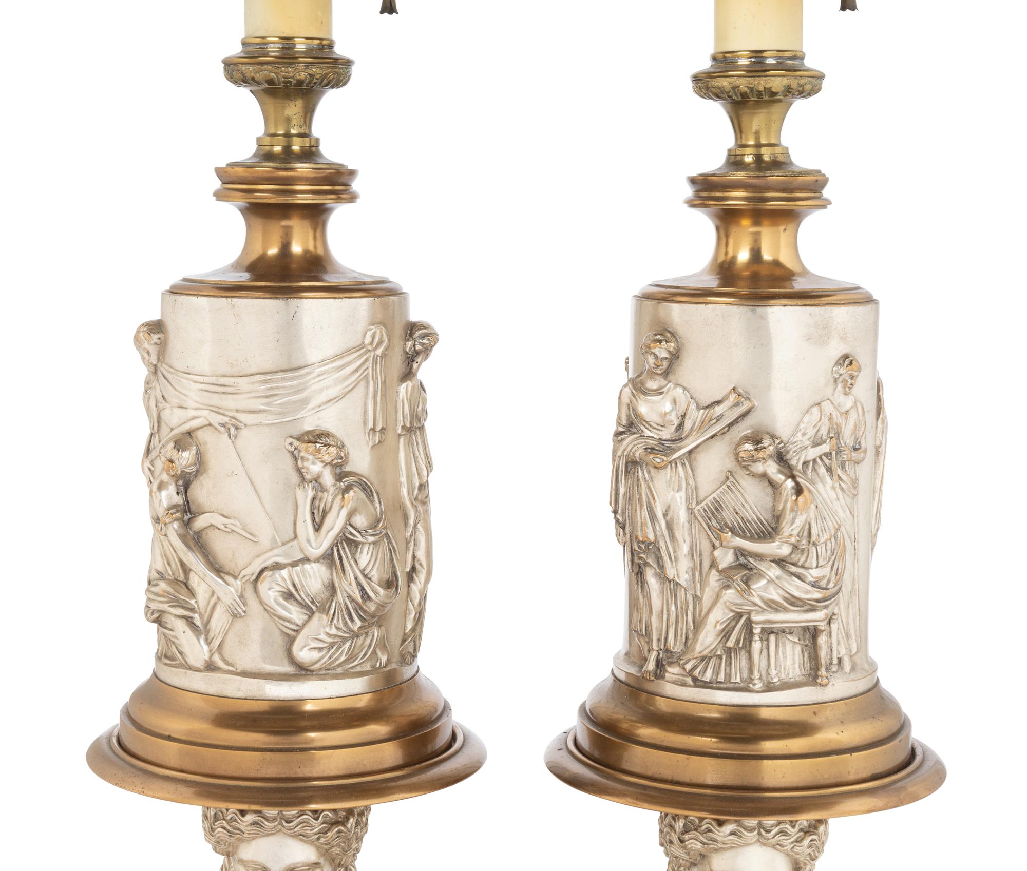 A Pair of Continental Gilt and Silvered Bronze Lamps