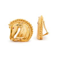 YELLOW GOLD, DIAMOND AND RUBY HORSE HEAD EARCLIPS
