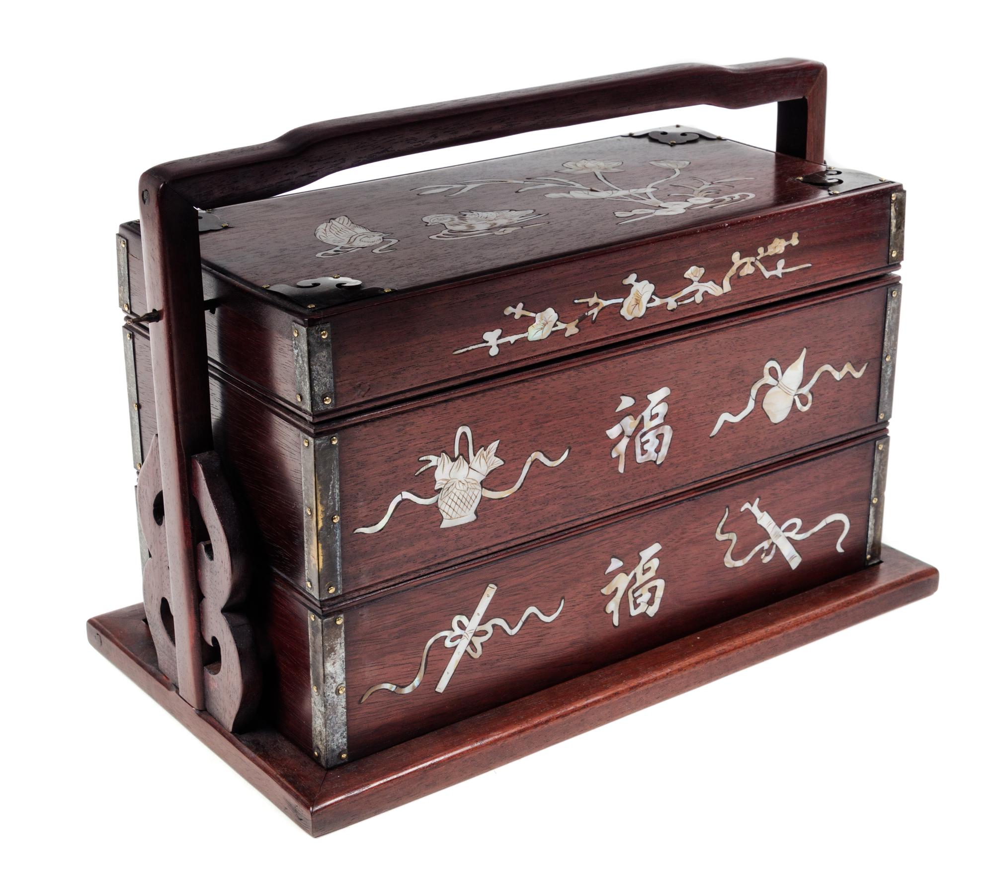 A Chinese Mother-of-Pearl Inlaid Rosewood Picnic Box Height 10 x width 8 x length 14 inches.