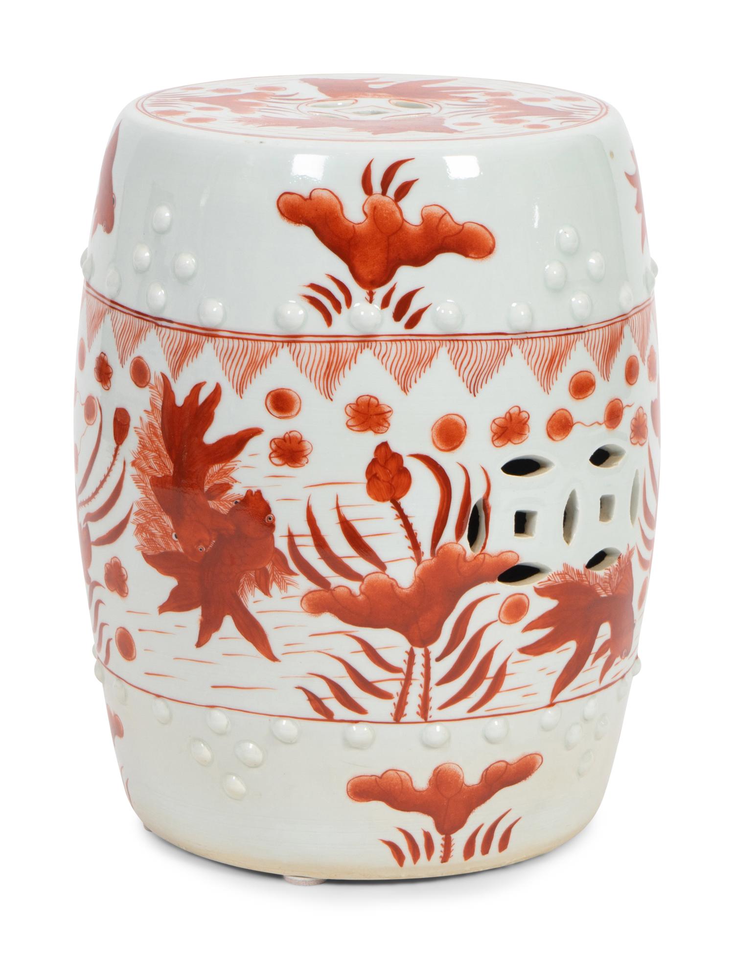 A Chinese Red and White-Glazed Porcelain Barrel-Form Garden Seat — 20TH CENTURY