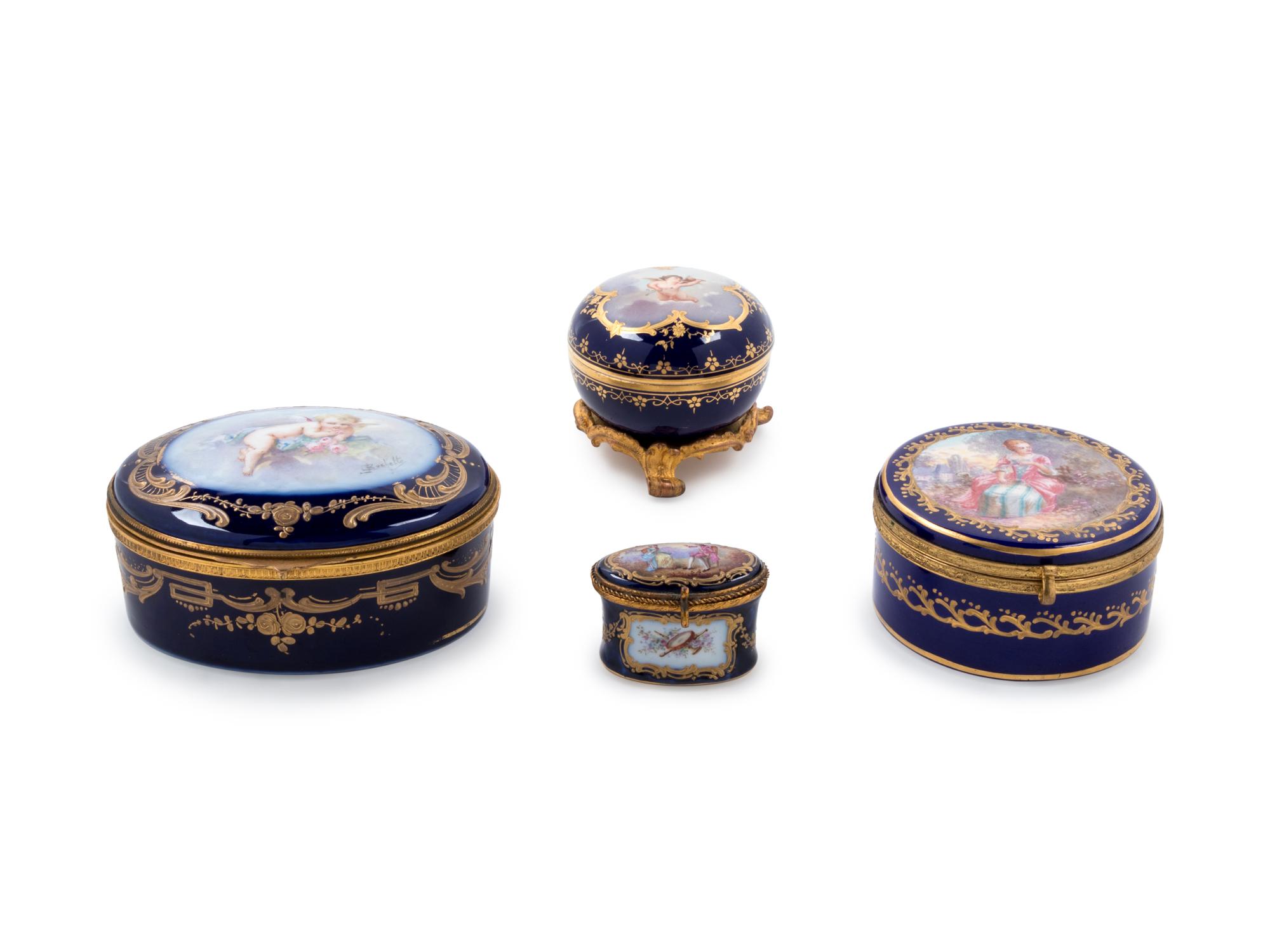 Four Sèvres Style Painted and Parcel Gilt Porcelain Boxes