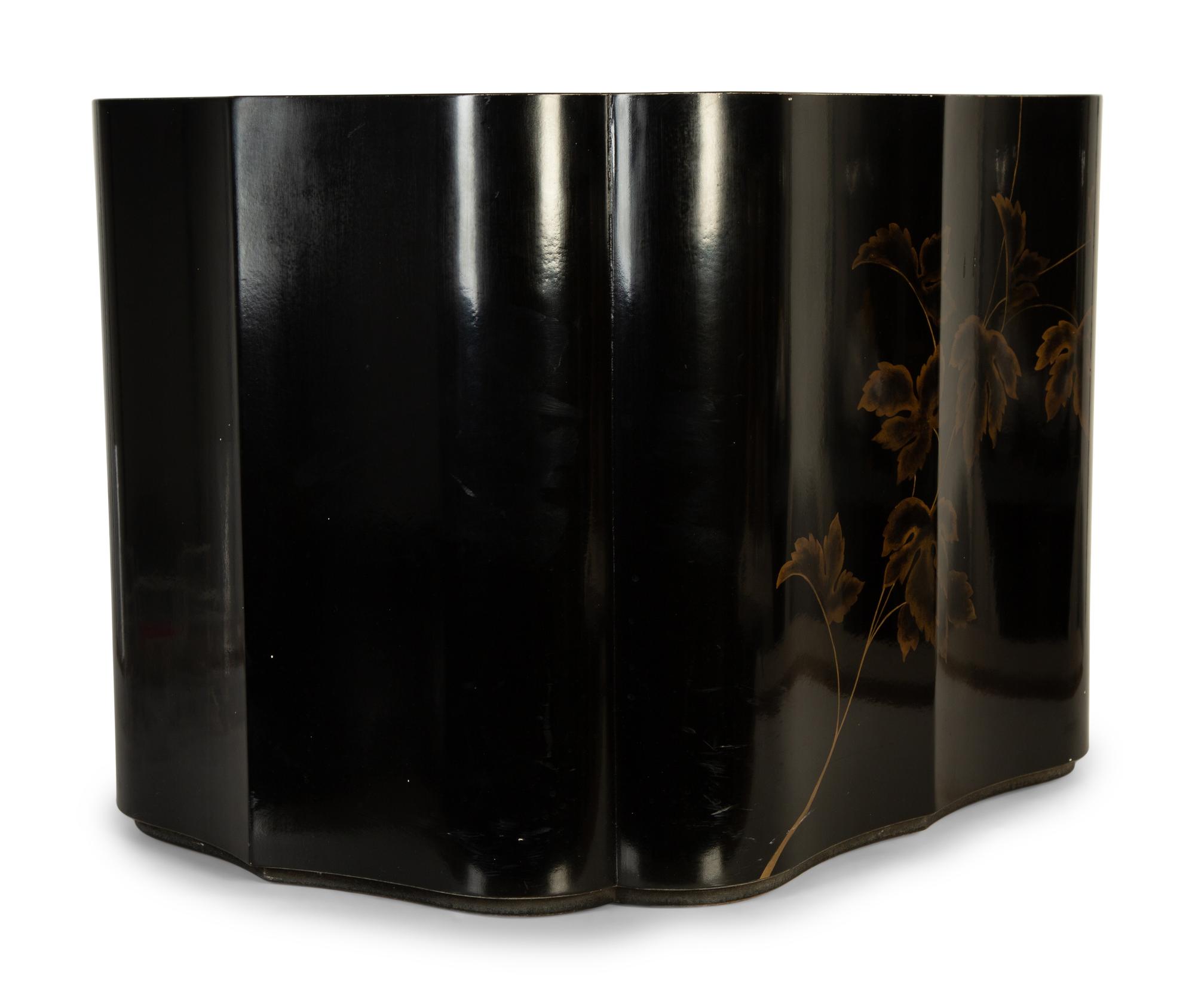 A Pair of Modernist Chinese Black and Gilt Decorated Lacquered Side Tables