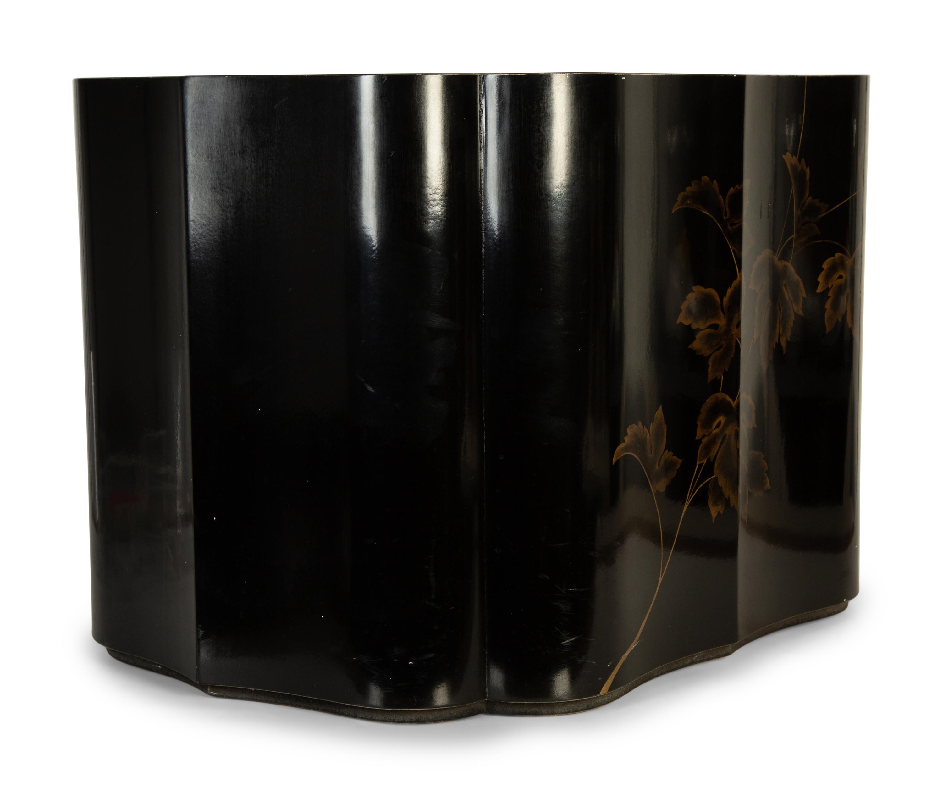A Pair of Modernist Chinese Black and Gilt Decorated Lacquered Side Tables
