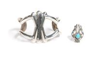 Navajo Silver Cuff Bracelet and Ring Length of bracelet 5 x opening 1 3/4 x width 2 inches