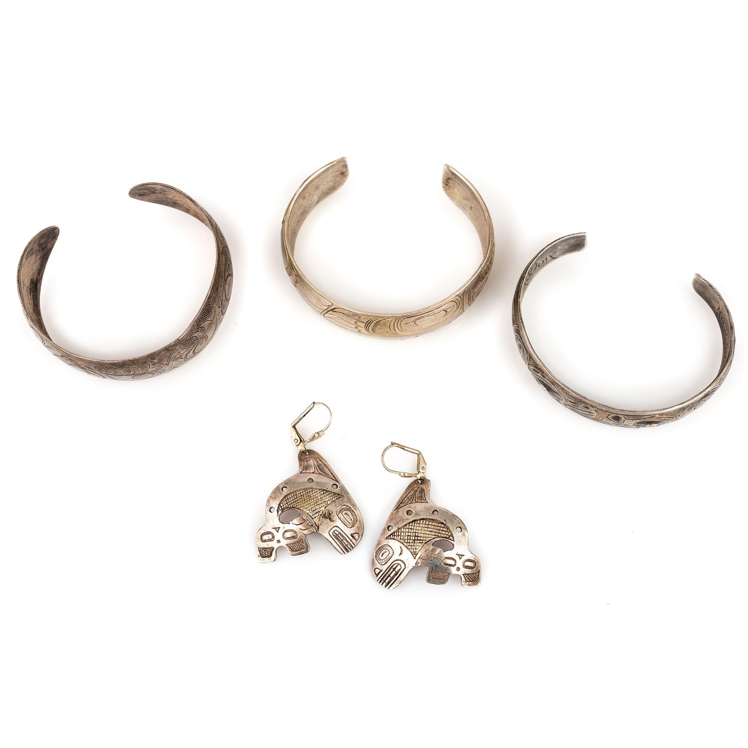 Northwest Coast Etched Figural Silver Cuff Bracelets and Earrings
