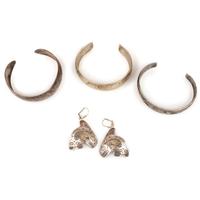 Northwest Coast Etched Figural Silver Cuff Bracelets and Earrings