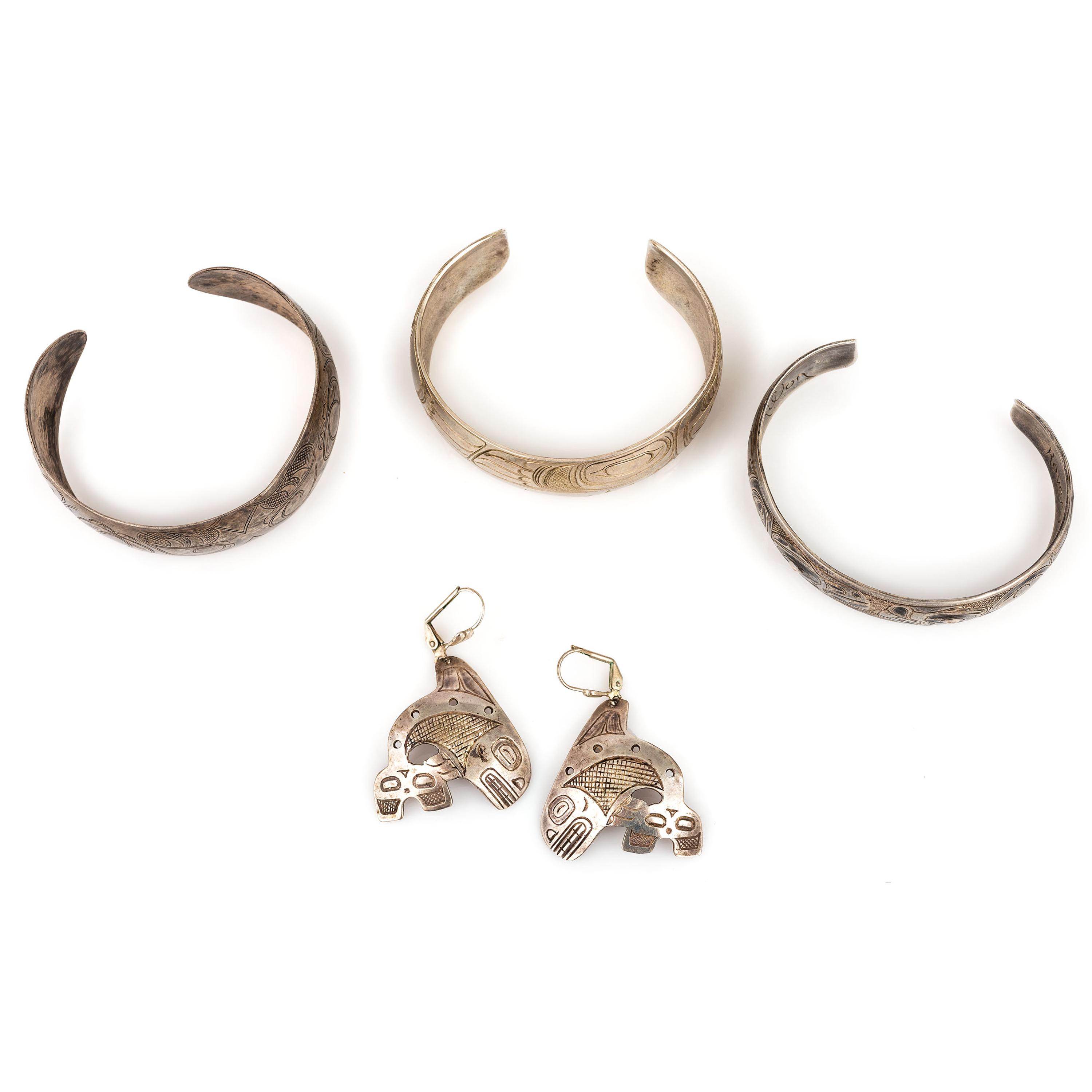 Northwest Coast Etched Figural Silver Cuff Bracelets and Earrings