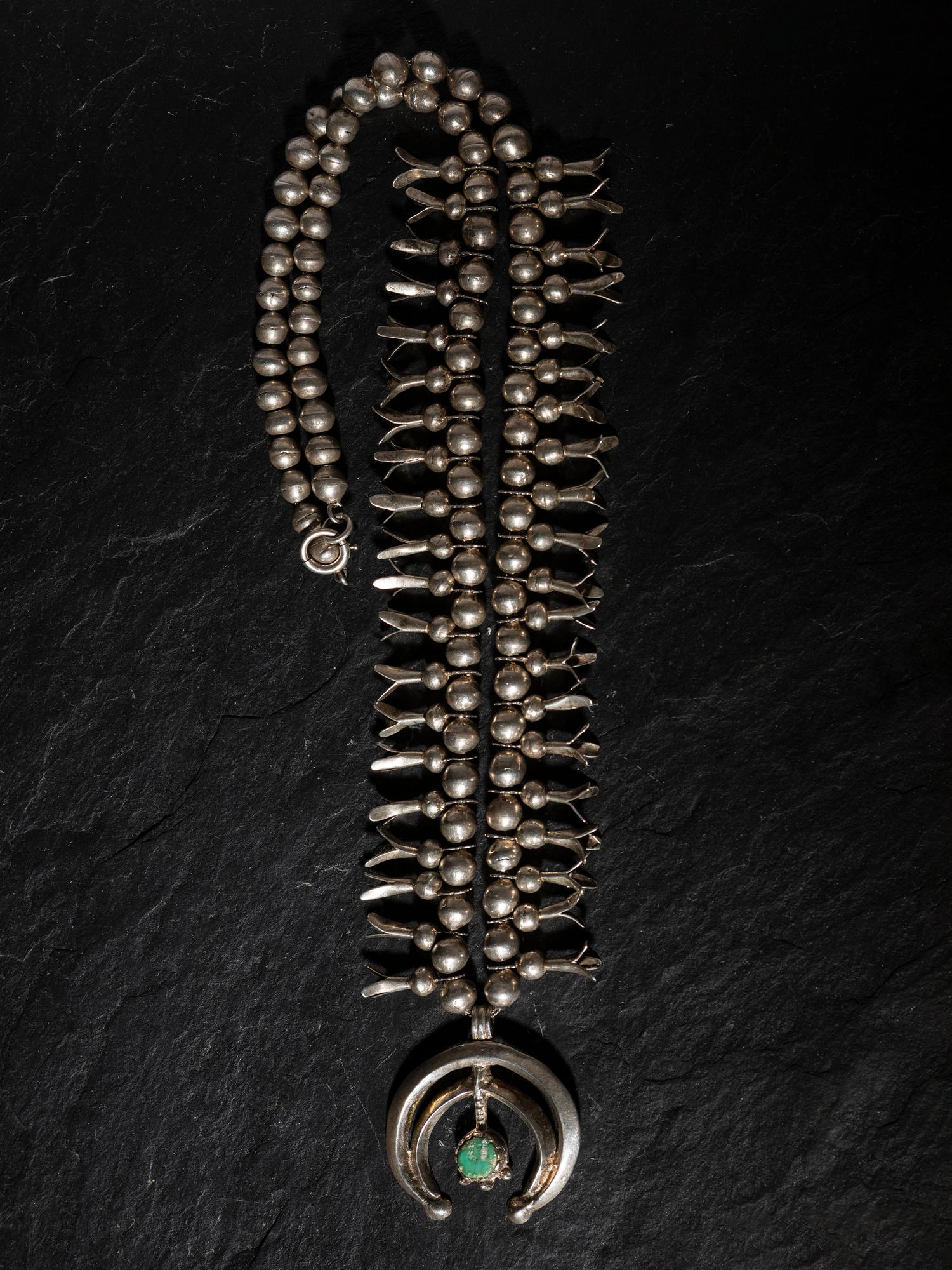 Petite Navajo Silver and Turquoise Squash Blossom Necklace
