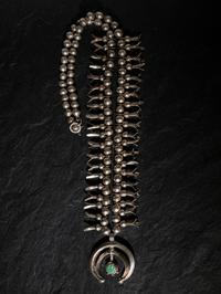 Petite Navajo Silver and Turquoise Squash Blossom Necklace
