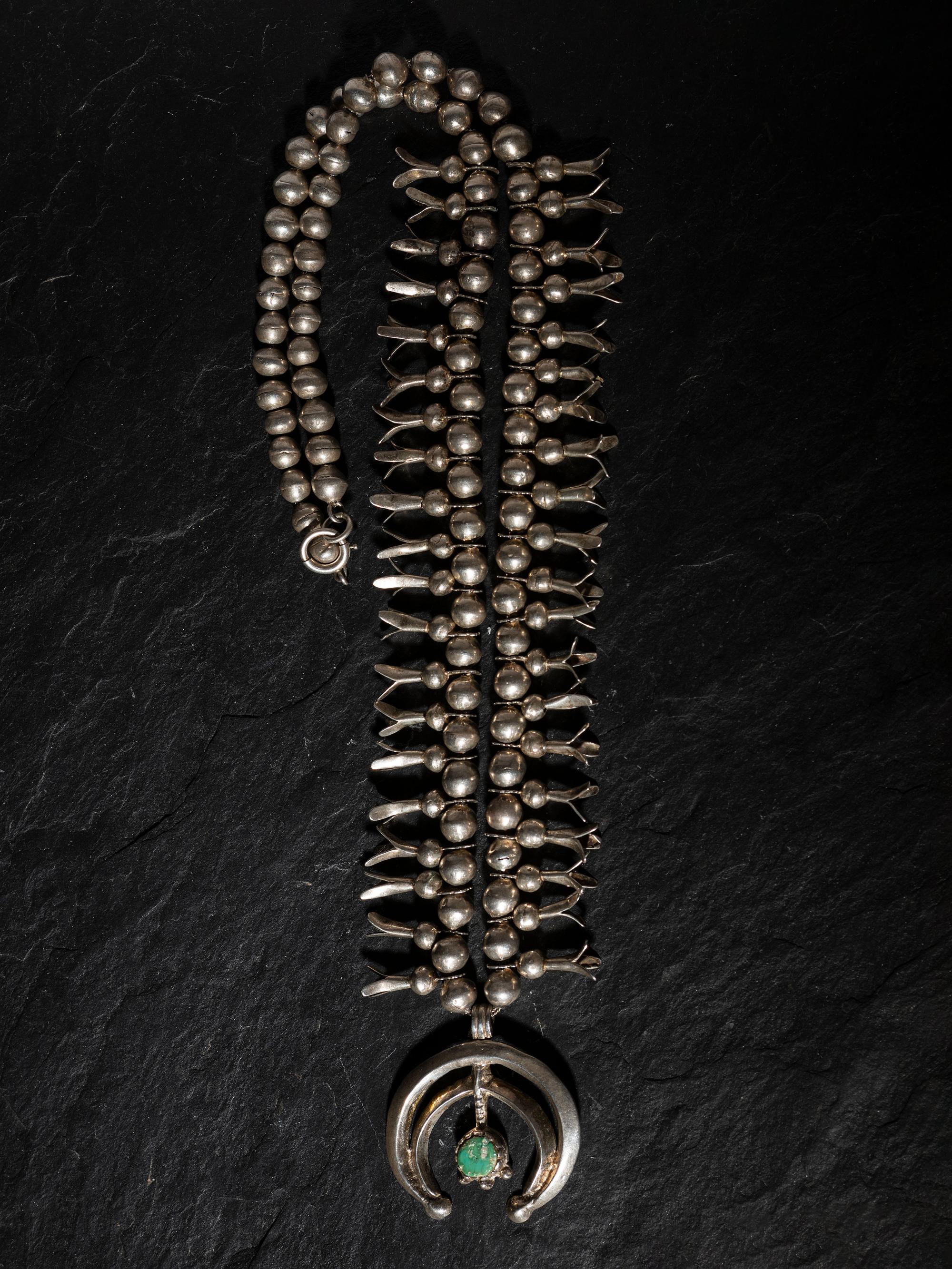 Petite Navajo Silver and Turquoise Squash Blossom Necklace