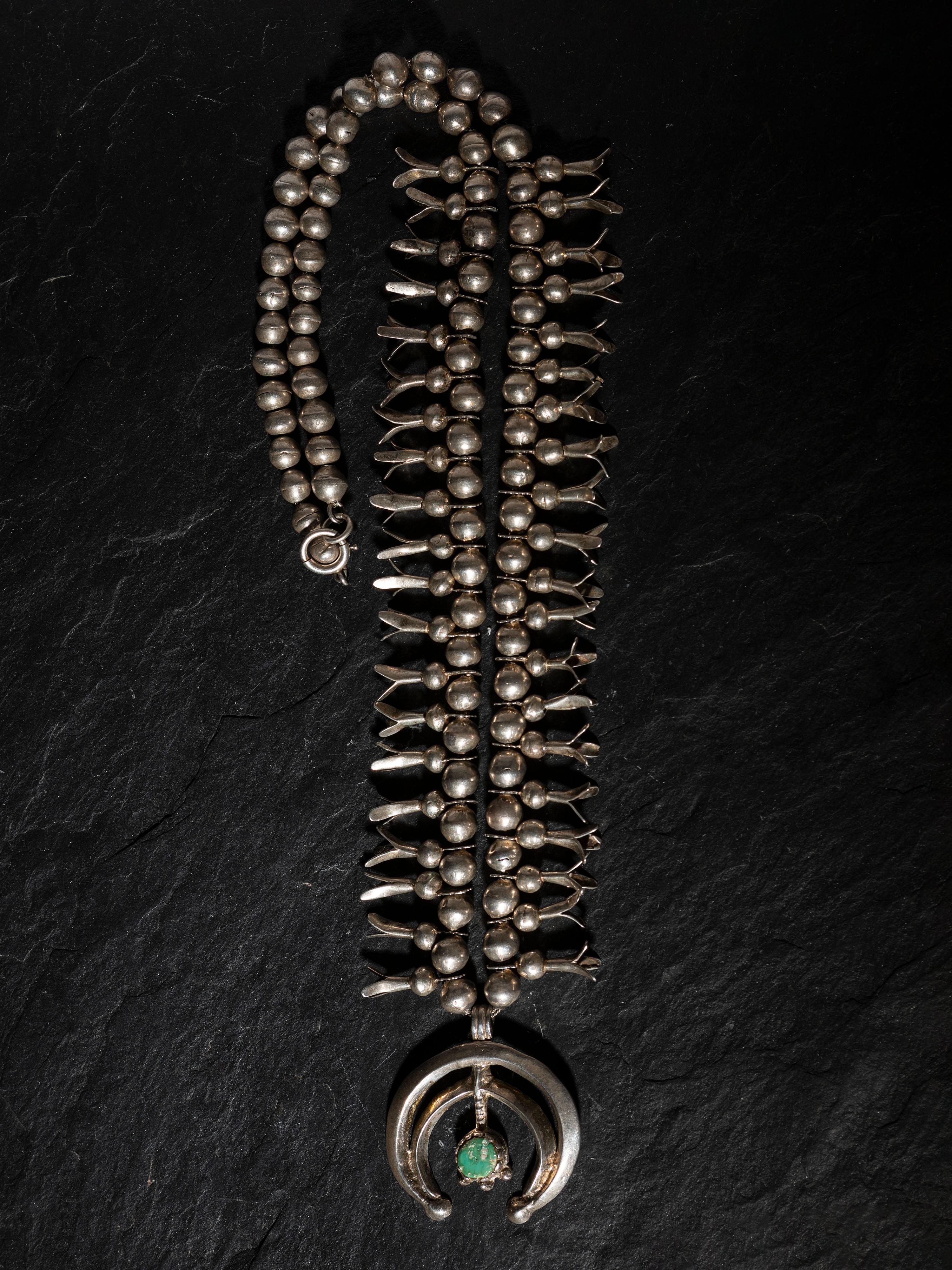 Petite Navajo Silver and Turquoise Squash Blossom Necklace