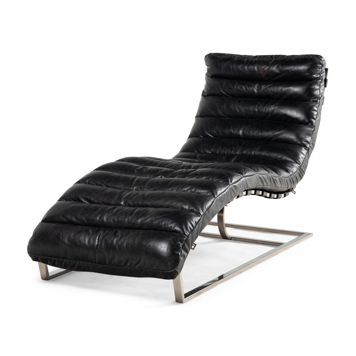 A Contemporary Black Leather and Chrome Chaise Longue