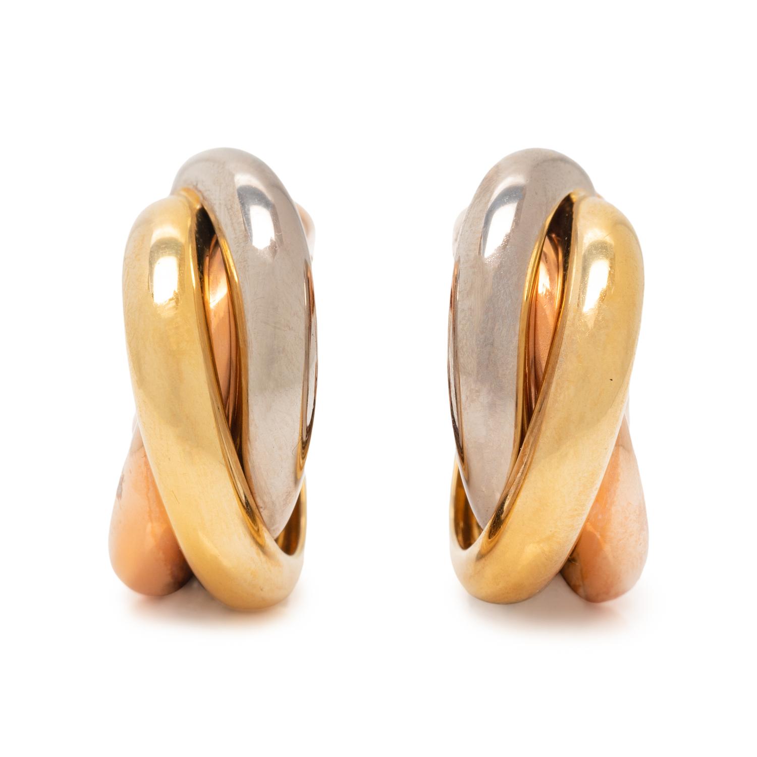 CARTIER, TRICOLOR GOLD 'TRINITY' EARCLIPS