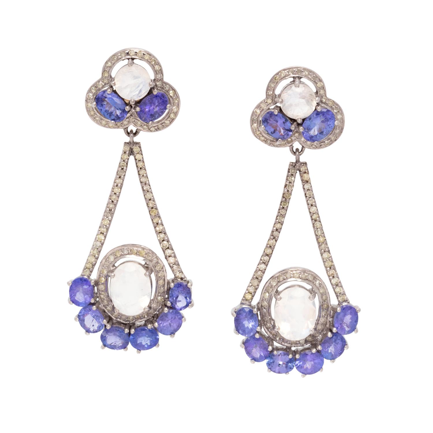 MOONSTONE, TANZANITE AND DIAMOND EARRINGS