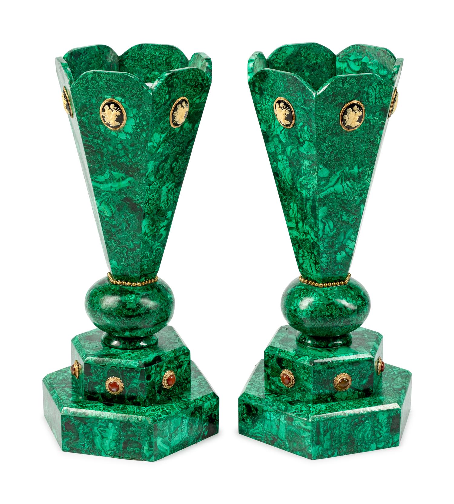 A Pair of 'Jeweled' Malachite Hexagonal Vases