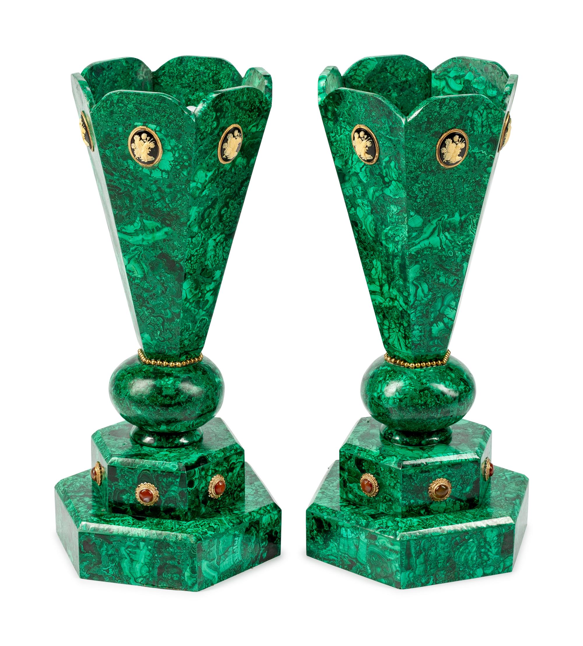 A Pair of 'Jeweled' Malachite Hexagonal Vases