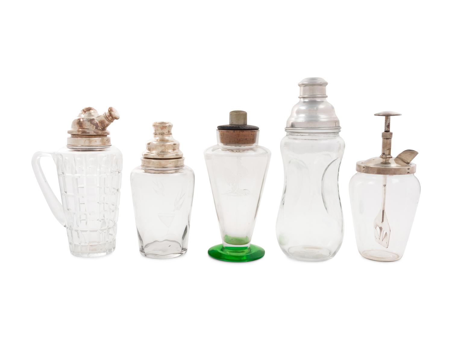 A Group of Five Glass Cocktail Shakers