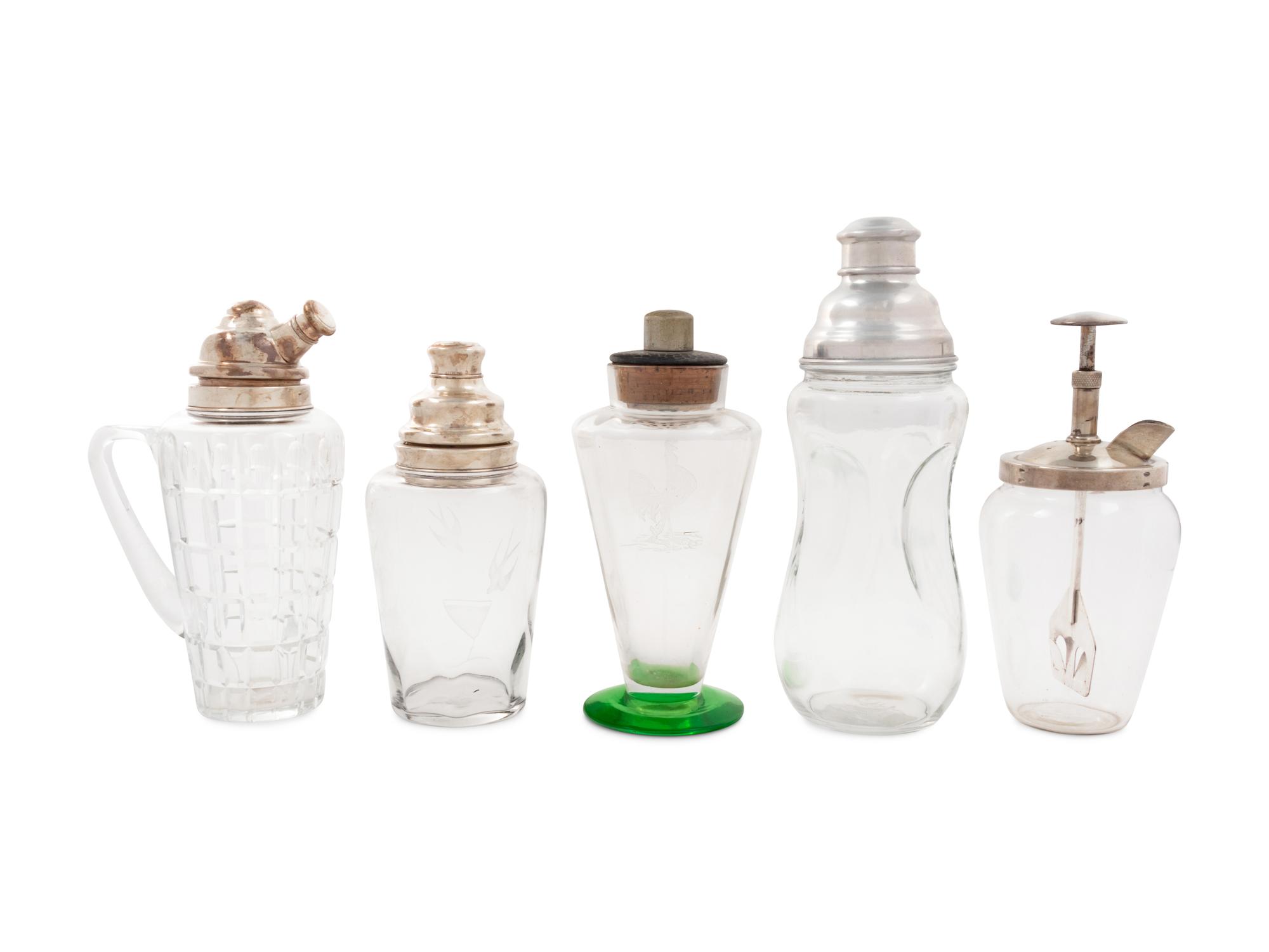 A Group of Five Glass Cocktail Shakers