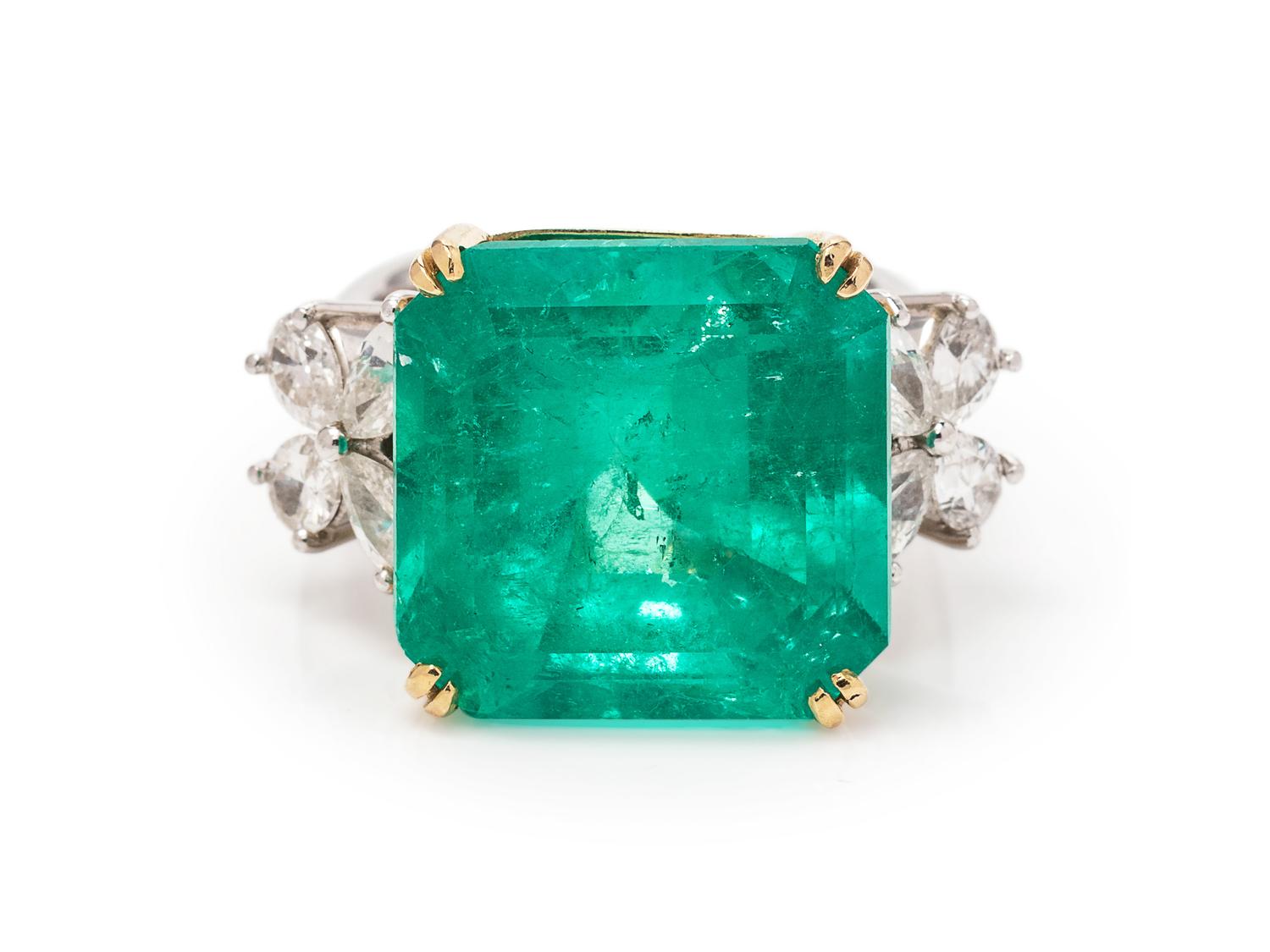 A Platinum, 18 Karat Yellow Gold, Emerald and Diamond Ring,