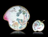 Two Canton Enamel on Copper Peach-Form Plates