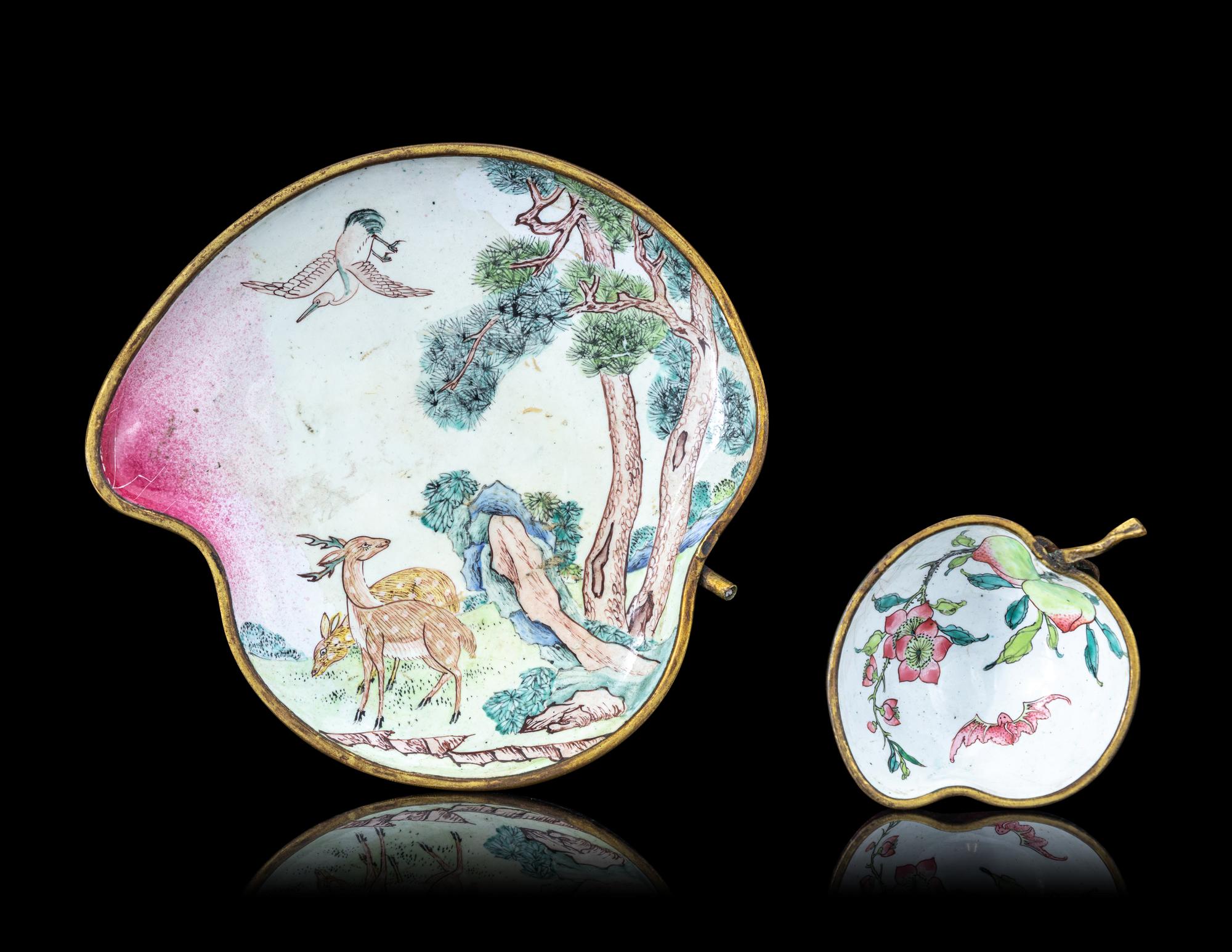 Two Canton Enamel on Copper Peach-Form Plates