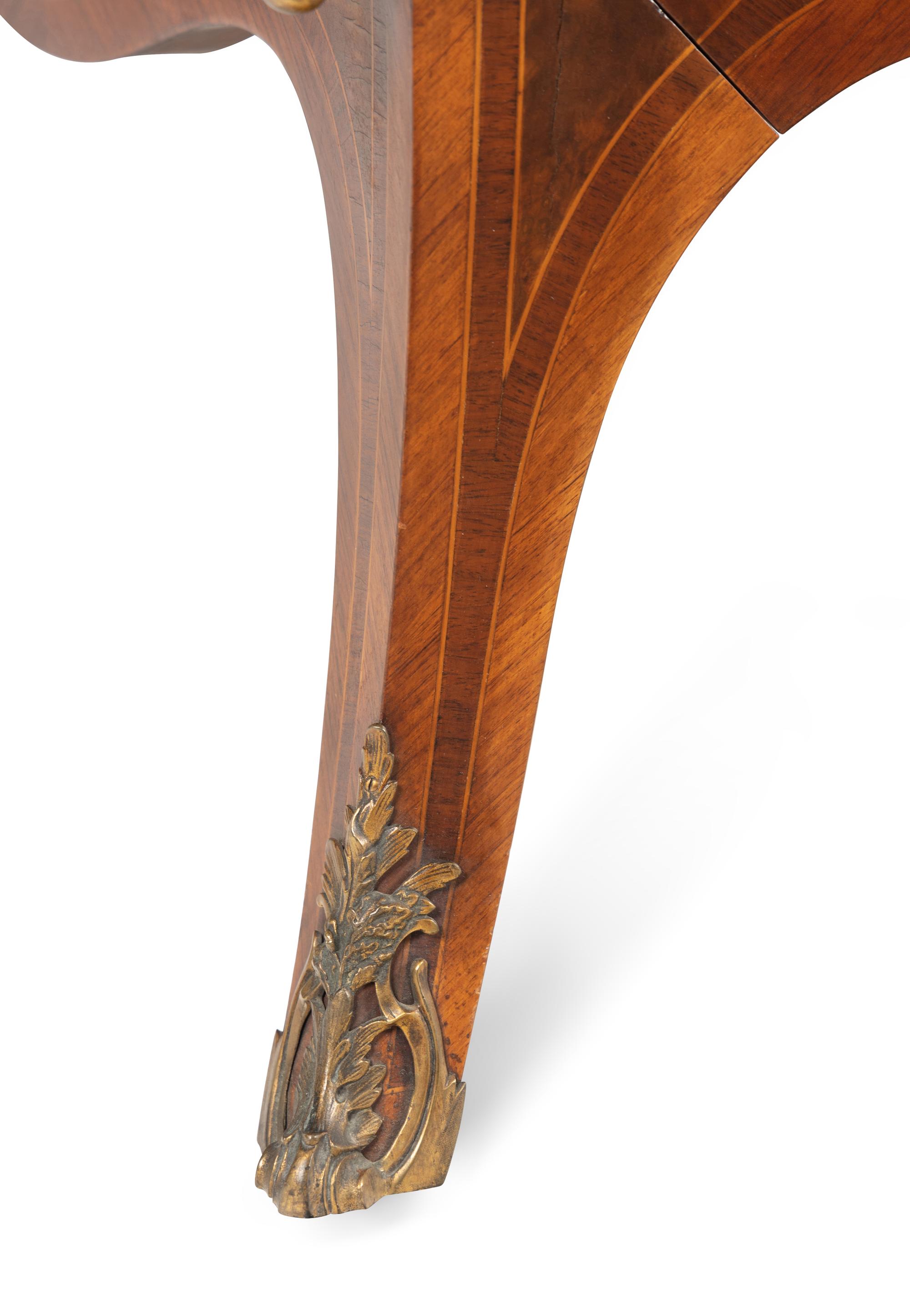 A Pair of Louis XV Style Marquetry Marble-Top Bombé Cabinets