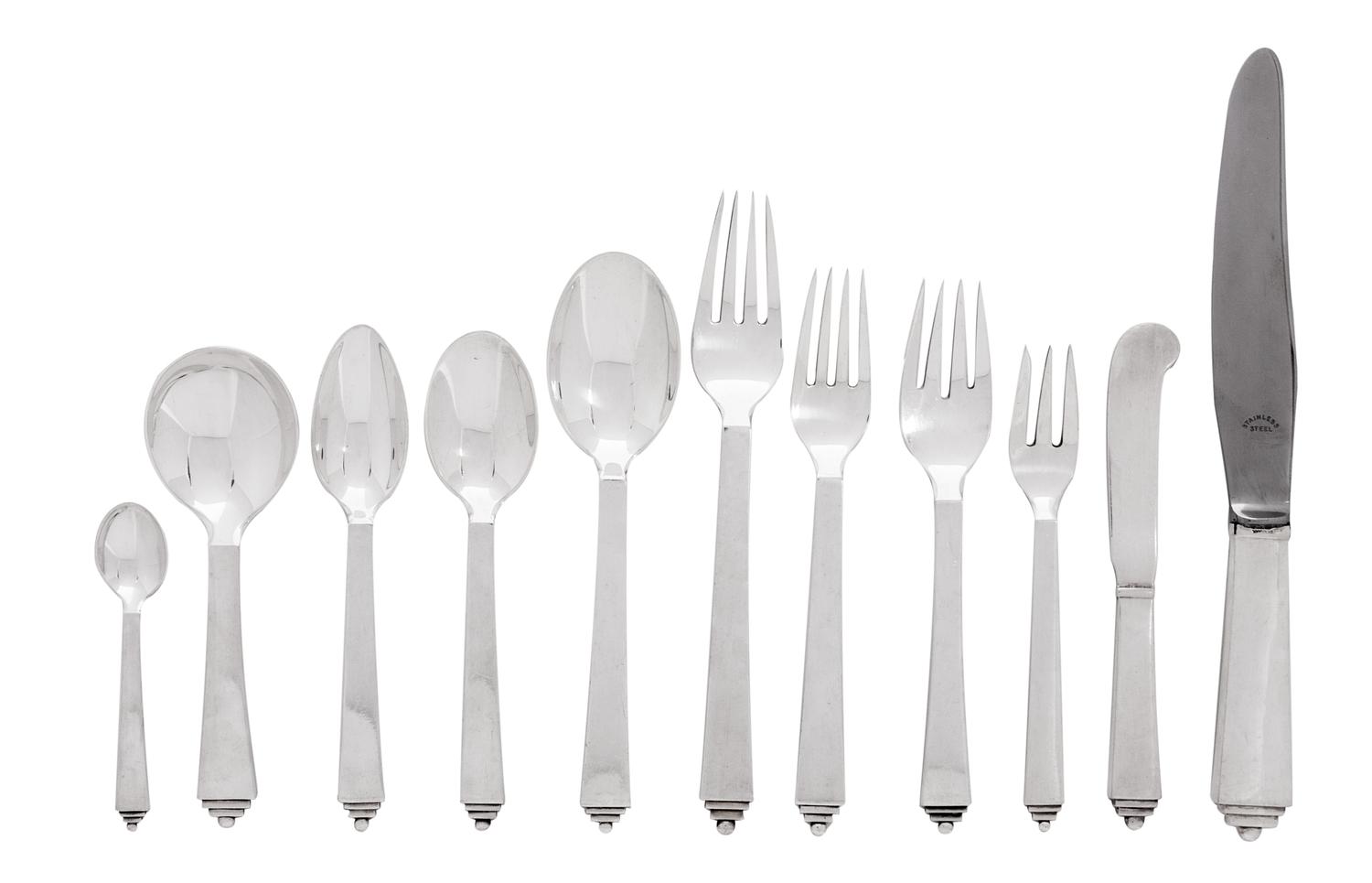A Danish Silver Flatware Service, Georg Jensen, Copenhagen, Pyramid pattern, comprising: 6 dinner knives 6 luncheon knives 12 butter kn