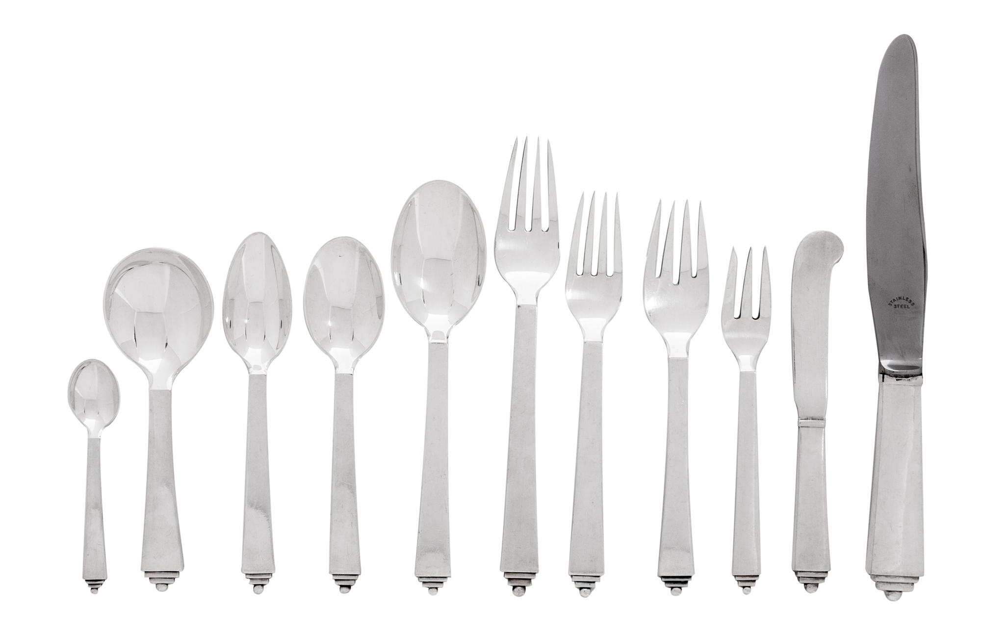 A Danish Silver Flatware Service, Georg Jensen, Copenhagen, Pyramid pattern, comprising: 6 dinner knives 6 luncheon knives 12 butter kn