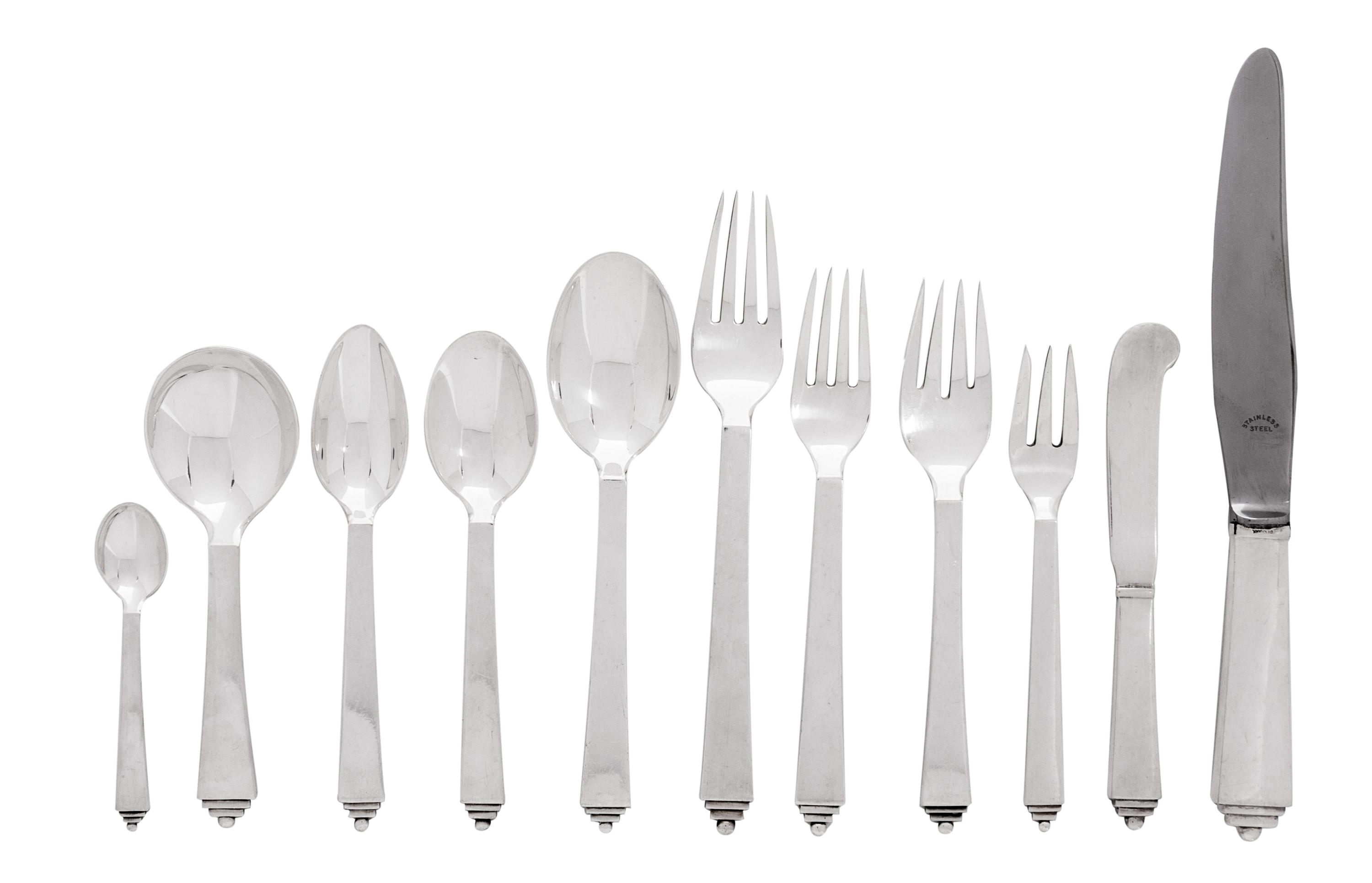 A Danish Silver Flatware Service, Georg Jensen, Copenhagen, Pyramid pattern, comprising: 6 dinner knives 6 luncheon knives 12 butter kn