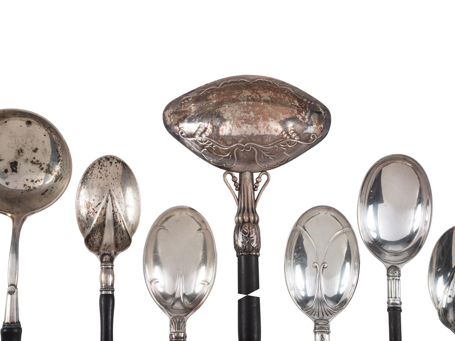 Eight American and Continental Silver and Silverplate Wood-Handled Serving Utensils