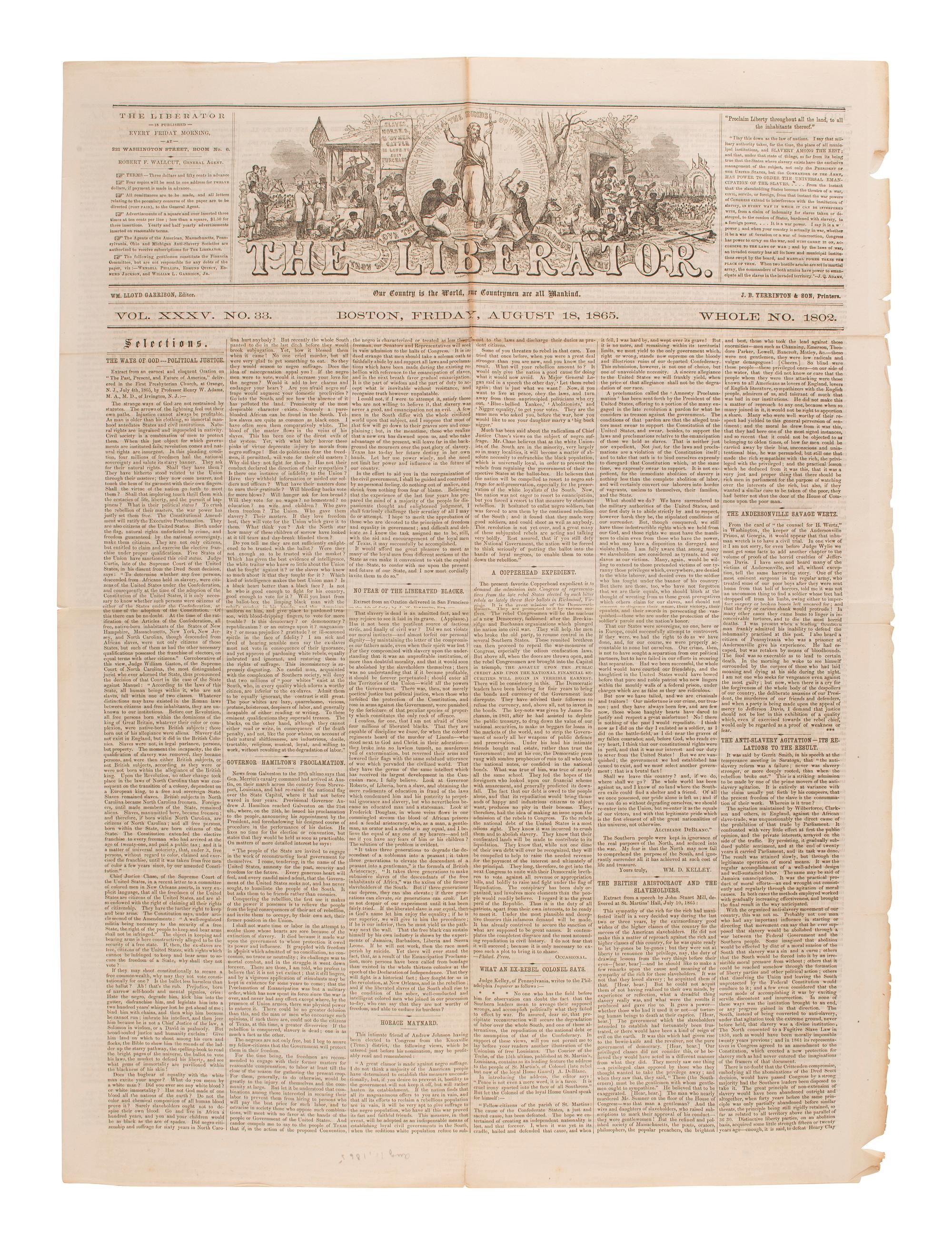 [SLAVERY & ABOLITION]. Four issues of The Liberator , Boston, MA, comprising: