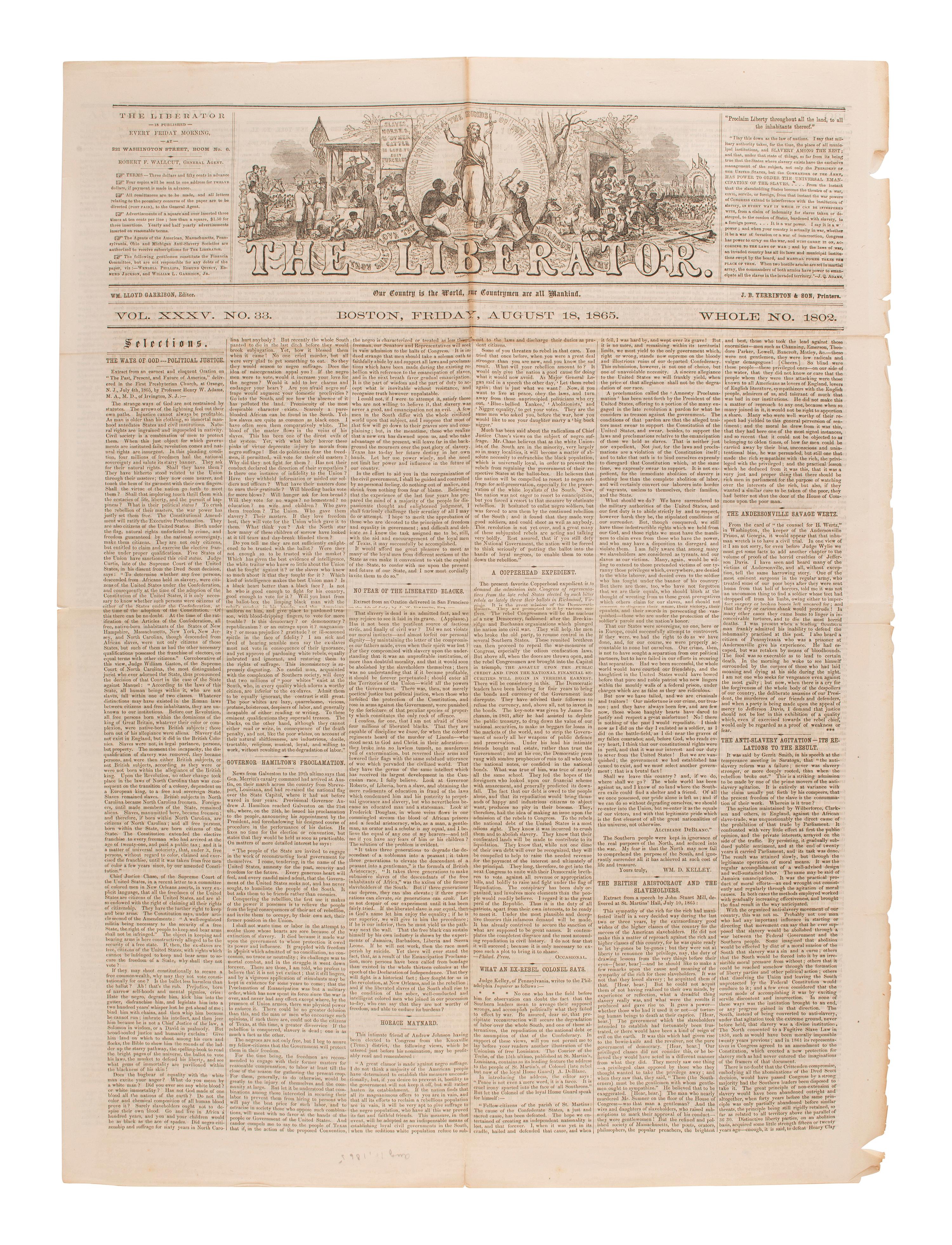[SLAVERY & ABOLITION]. Four issues of The Liberator , Boston, MA, comprising: