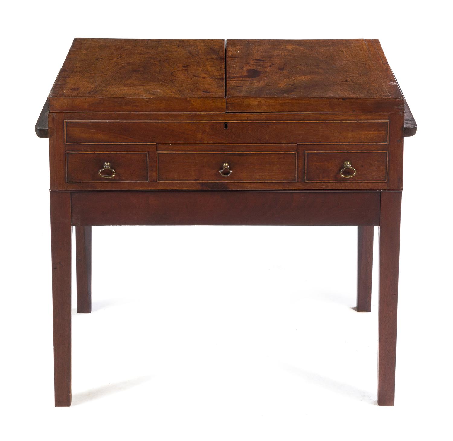 A George III Mahogany Work Table Height 27 1/2 x width 29 x depth 21 inches (closed).
