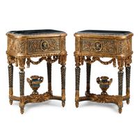 A Pair of Italian Neoclassical Style Green-Painted and Parcel Gilt Marble-Top Tables