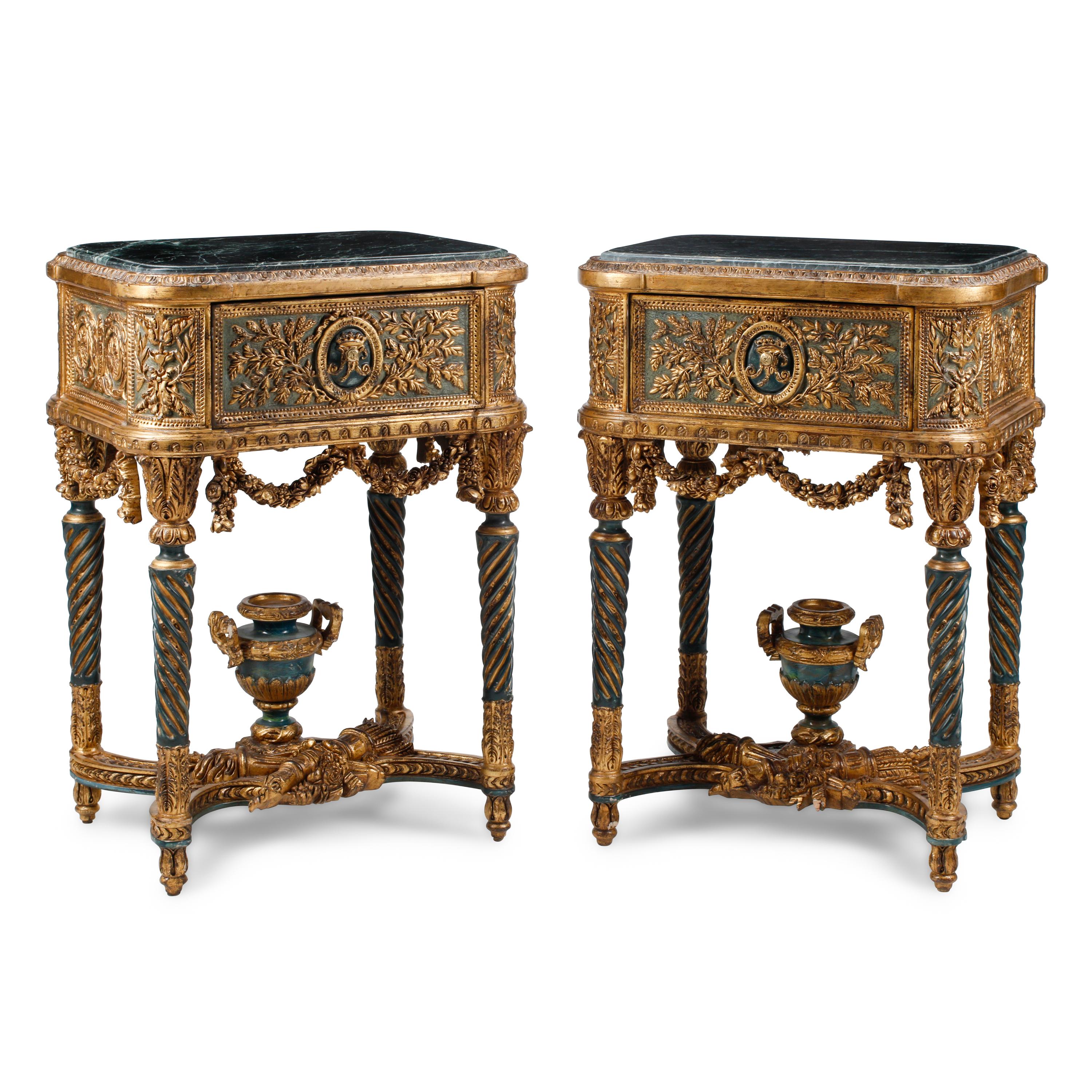 A Pair of Italian Neoclassical Style Green-Painted and Parcel Gilt Marble-Top Tables