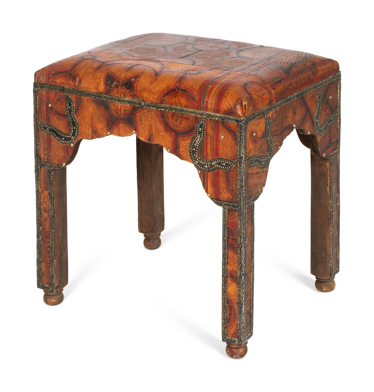 A Silvered Metal Mounted Leather Footstool