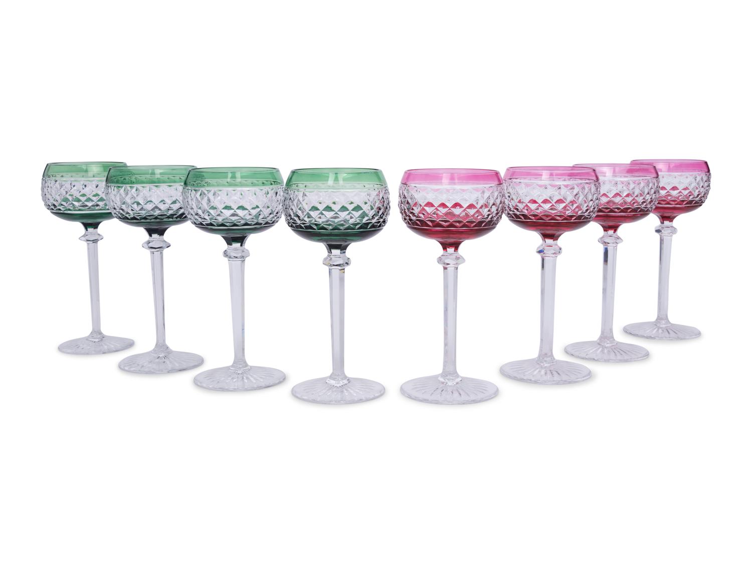 A Set of Eight Val St. Lambert Colored and Cut Glass Wine Hocks