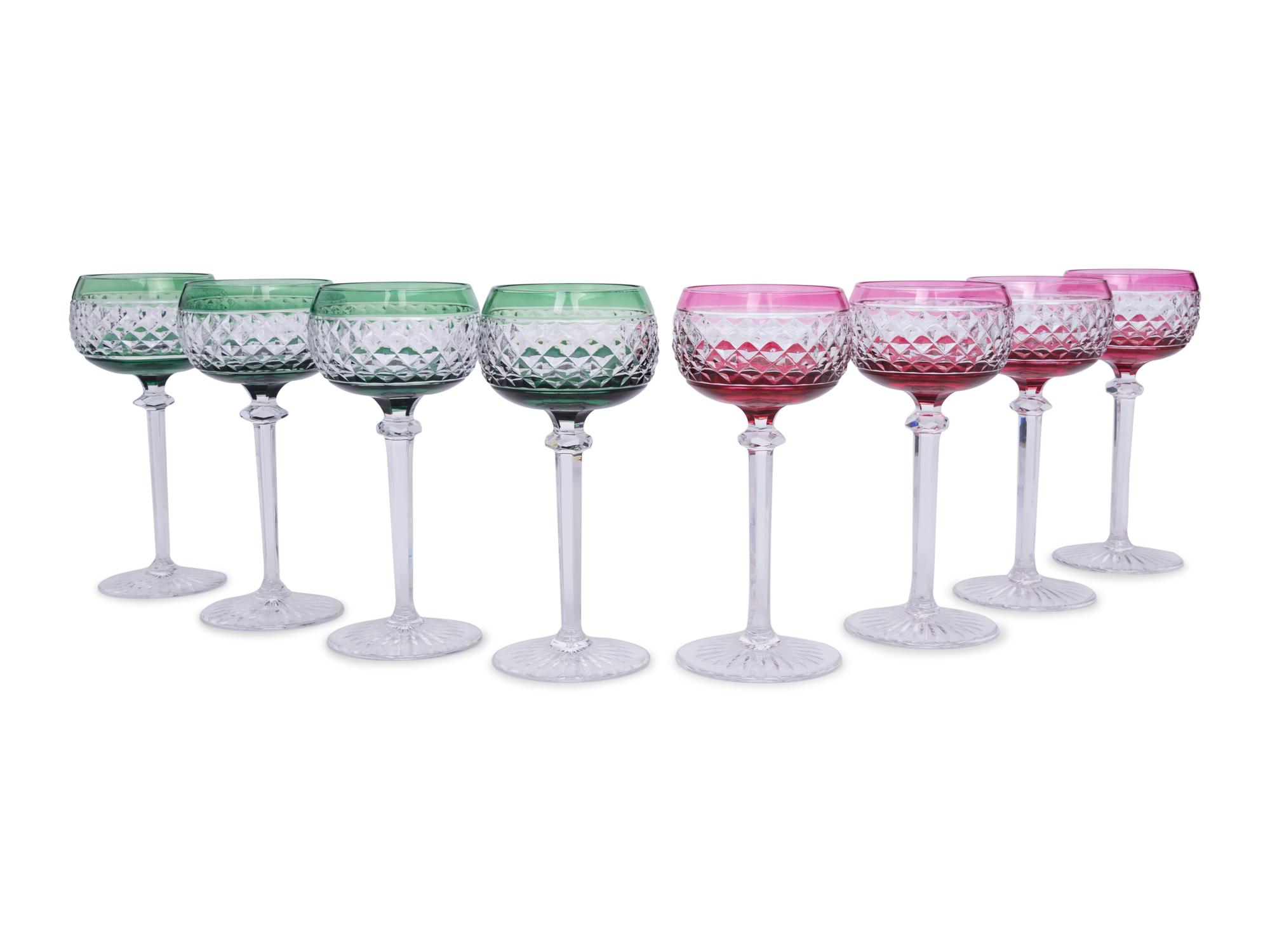 A Set of Eight Val St. Lambert Colored and Cut Glass Wine Hocks