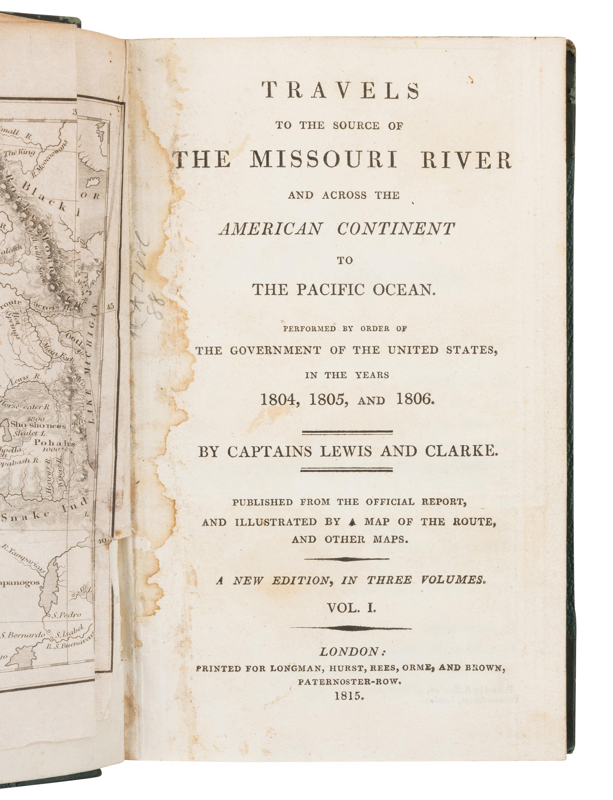 LEWIS, Meriwether (1774-1809) and William CLARK (1770-1838). Travels to the Source of the Missouri River and across the American Continent .... London: for Longman, Hurst, Rees, Orme, and Brown, 1815.