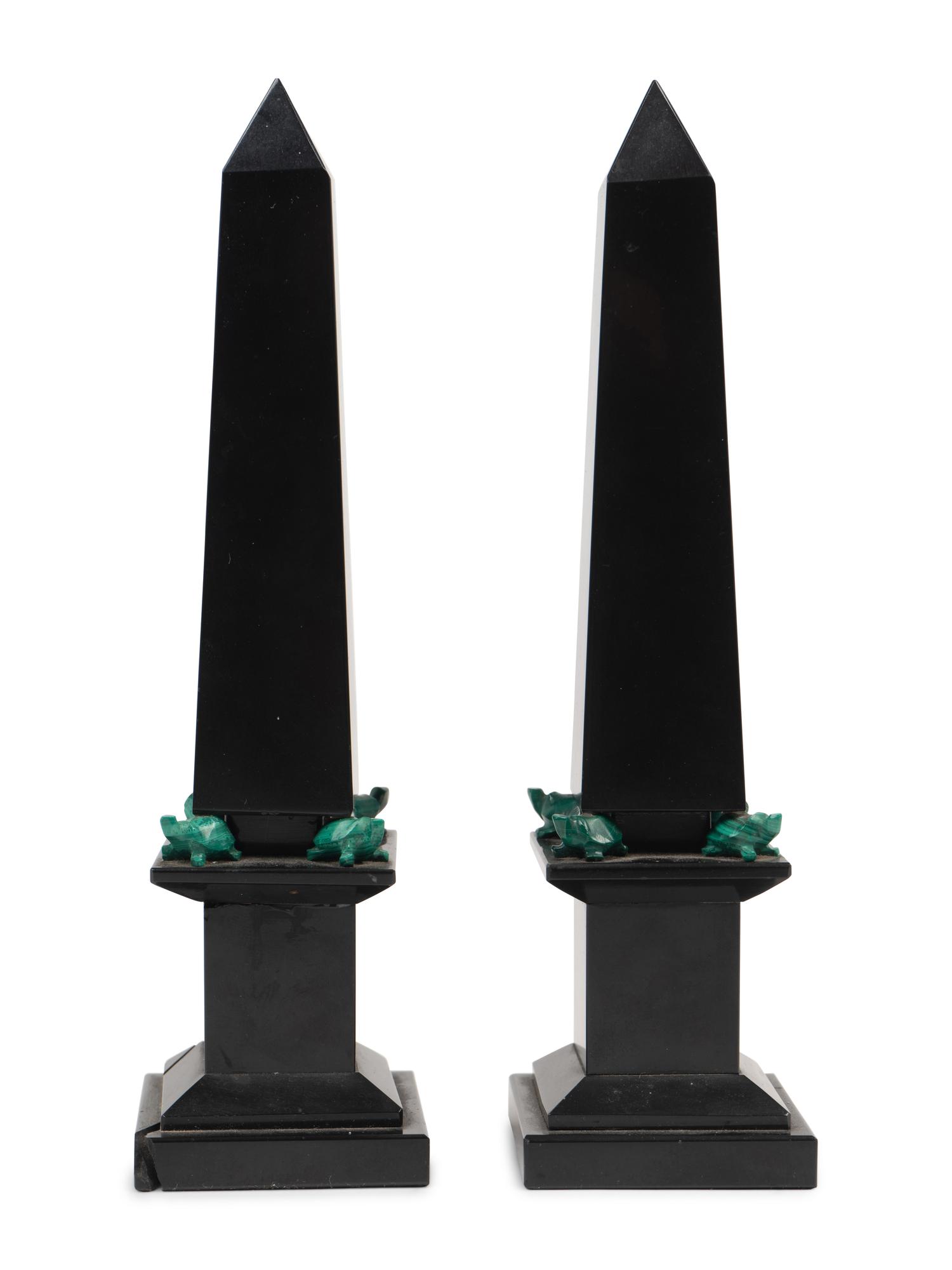 A Pair of Grand Tour Style Malachite and Black Stone Obelisks