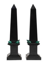 A Pair of Grand Tour Style Malachite and Black Stone Obelisks